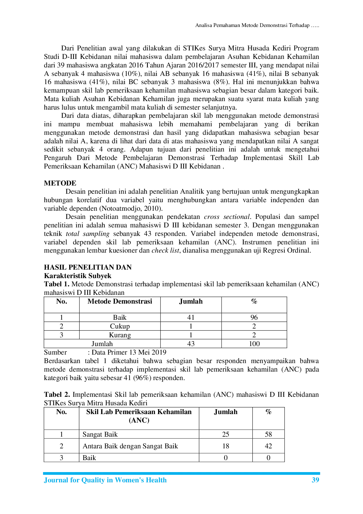 JURIS Analisa Pemahaman Metode Demonstrasi Terhadap Implementasi Skills Lab Pemeriksaan Kehamilan ANC Mahasiswi D III Kebidanan