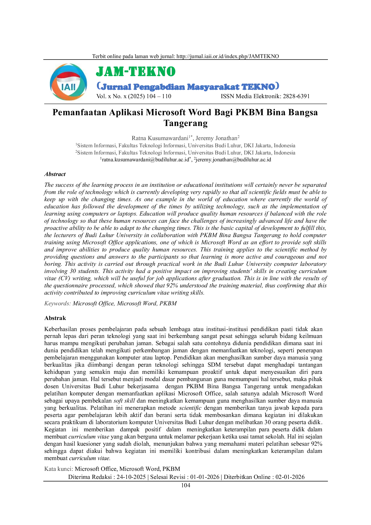 JURIS Pemanfaatan Aplikasi Microsoft Word Bagi PKBM Bina Bangsa Tangerang