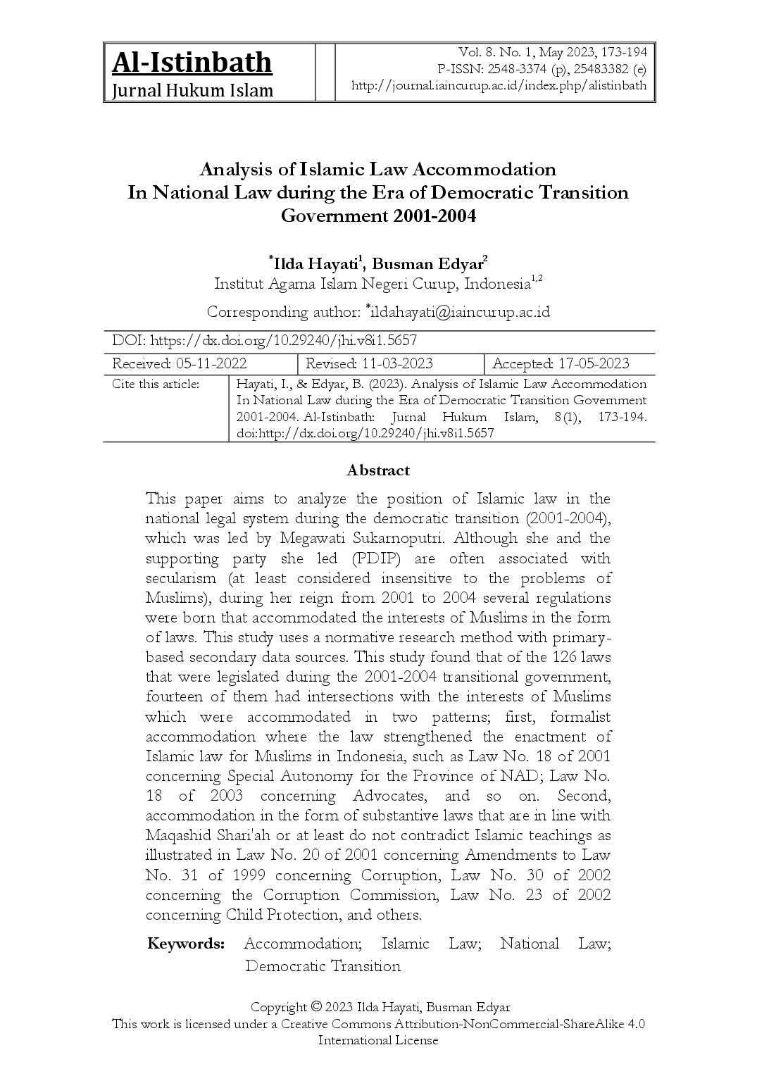 juris Analysis of Islamic Law Accommodation In National Law during the Era of Democratic Transition Government 2001 2004