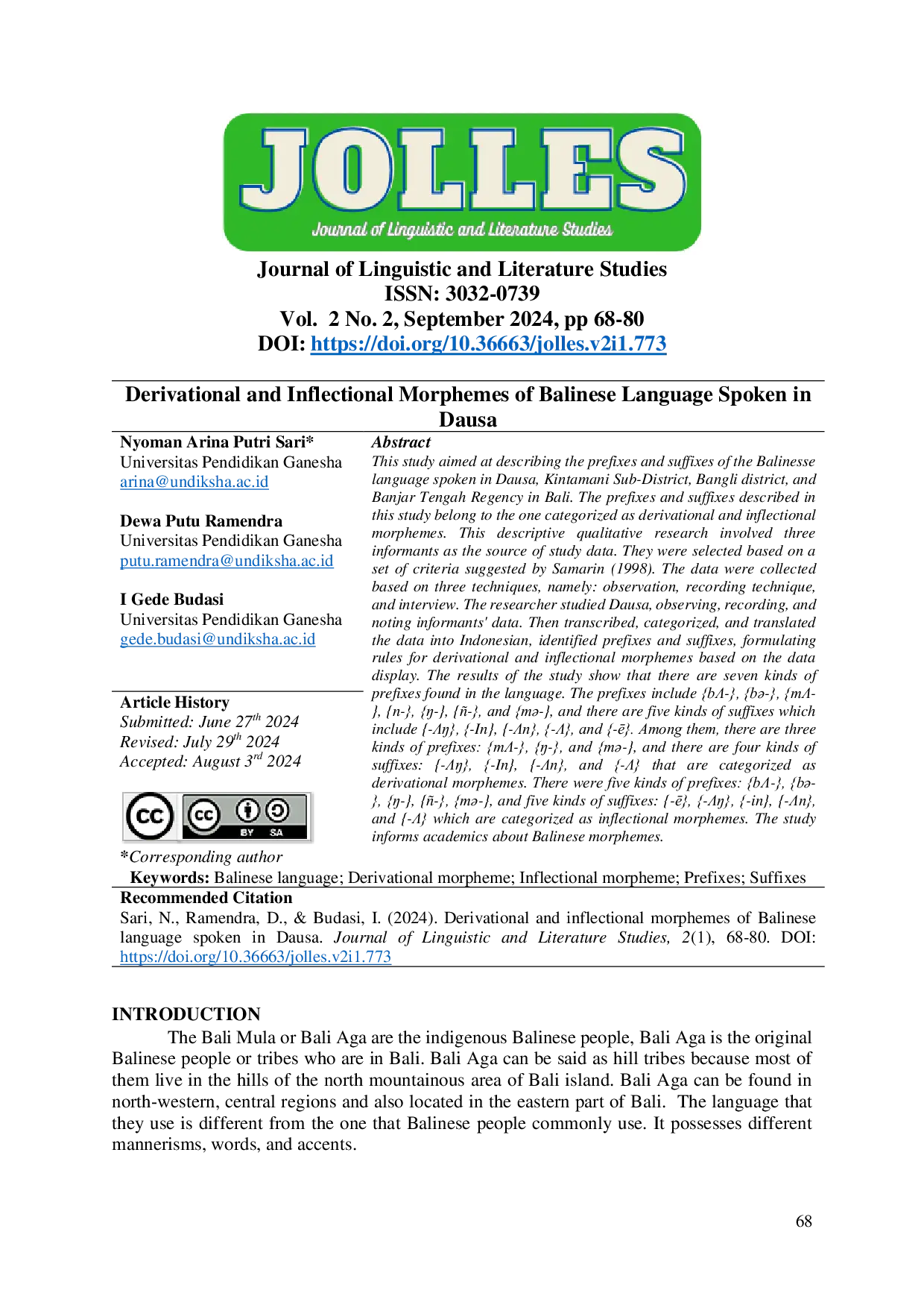 JURIS Derivational and Inflectional Morphemes of Balinese Language Spoken in Dausa