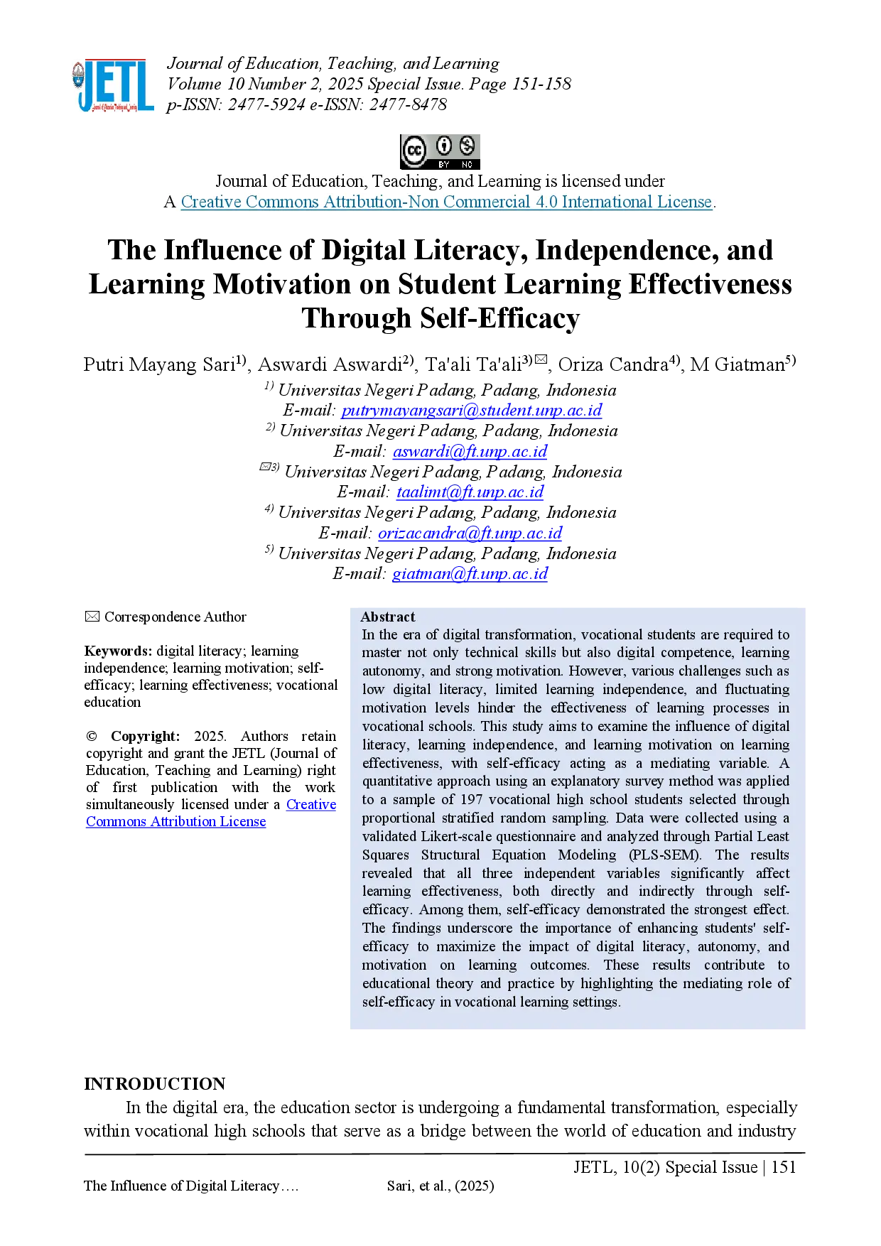 juris The Influence of Digital Literacy Independence and Learning Motivation on Student Learning Effectiveness Through Self Efficacy