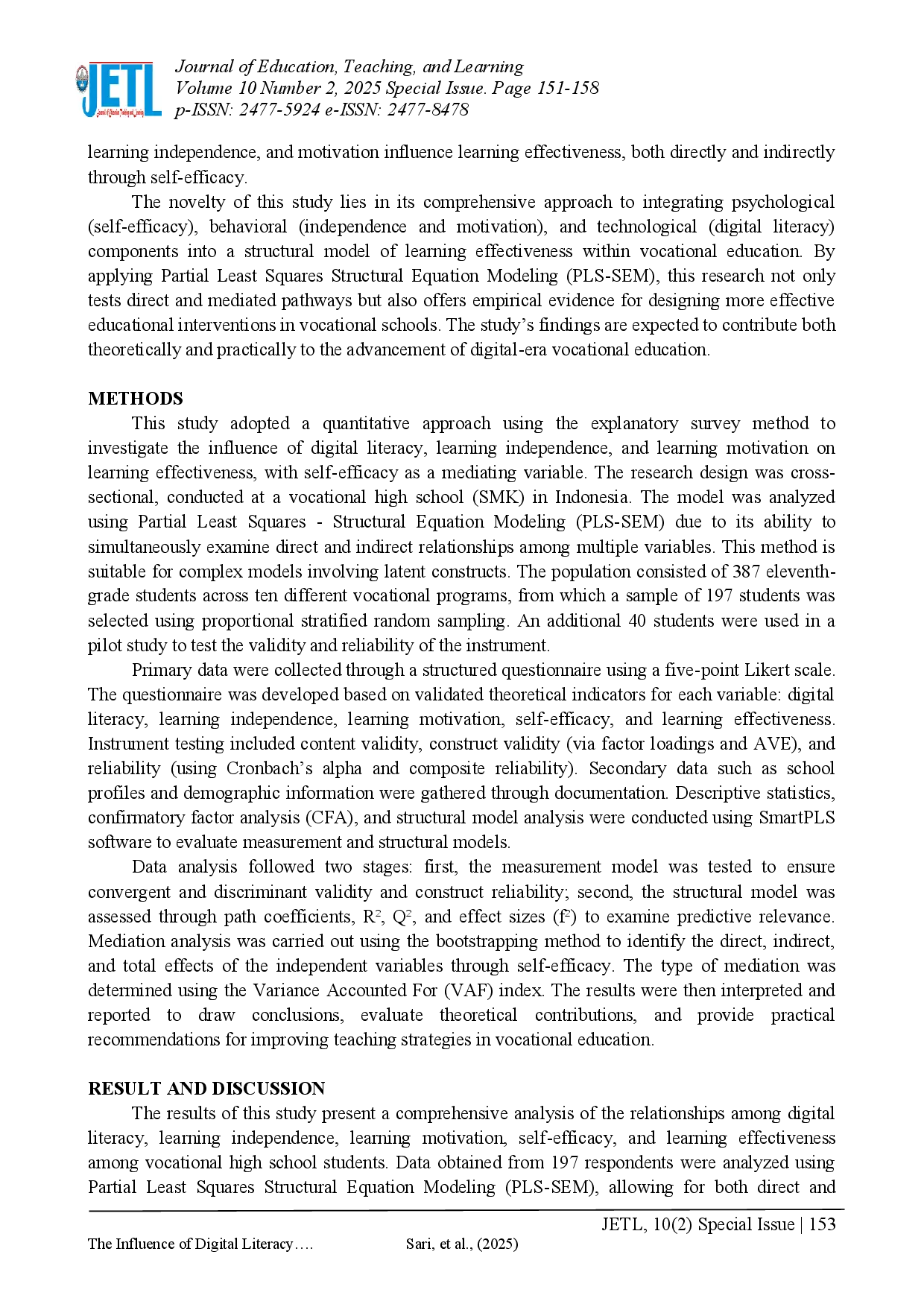 juris The Influence of Digital Literacy Independence and Learning Motivation on Student Learning Effectiveness Through Self Efficacy