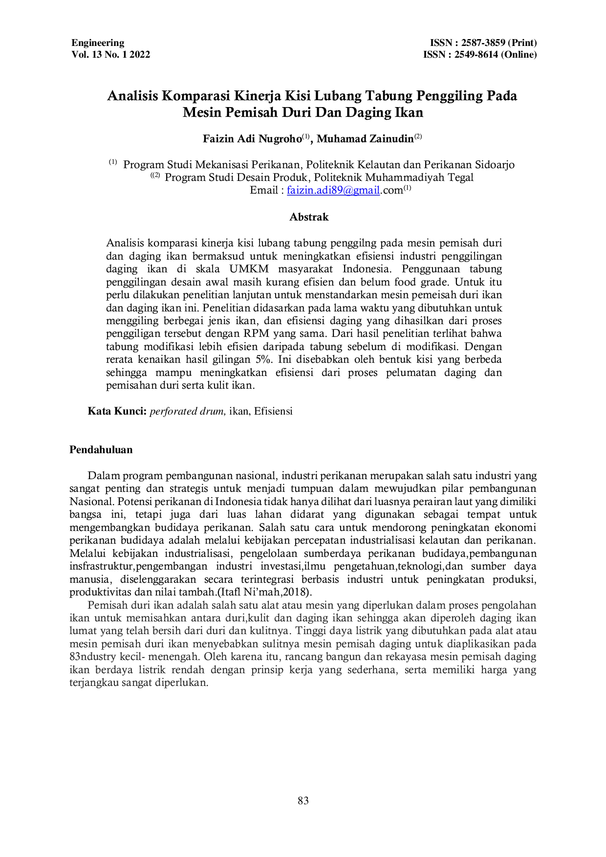 JURIS Analisis Komparasi Kinerja Kisi Lubang Tabung Penggiling Pada Mesin Pemisah Duri Dan Daging Ikan