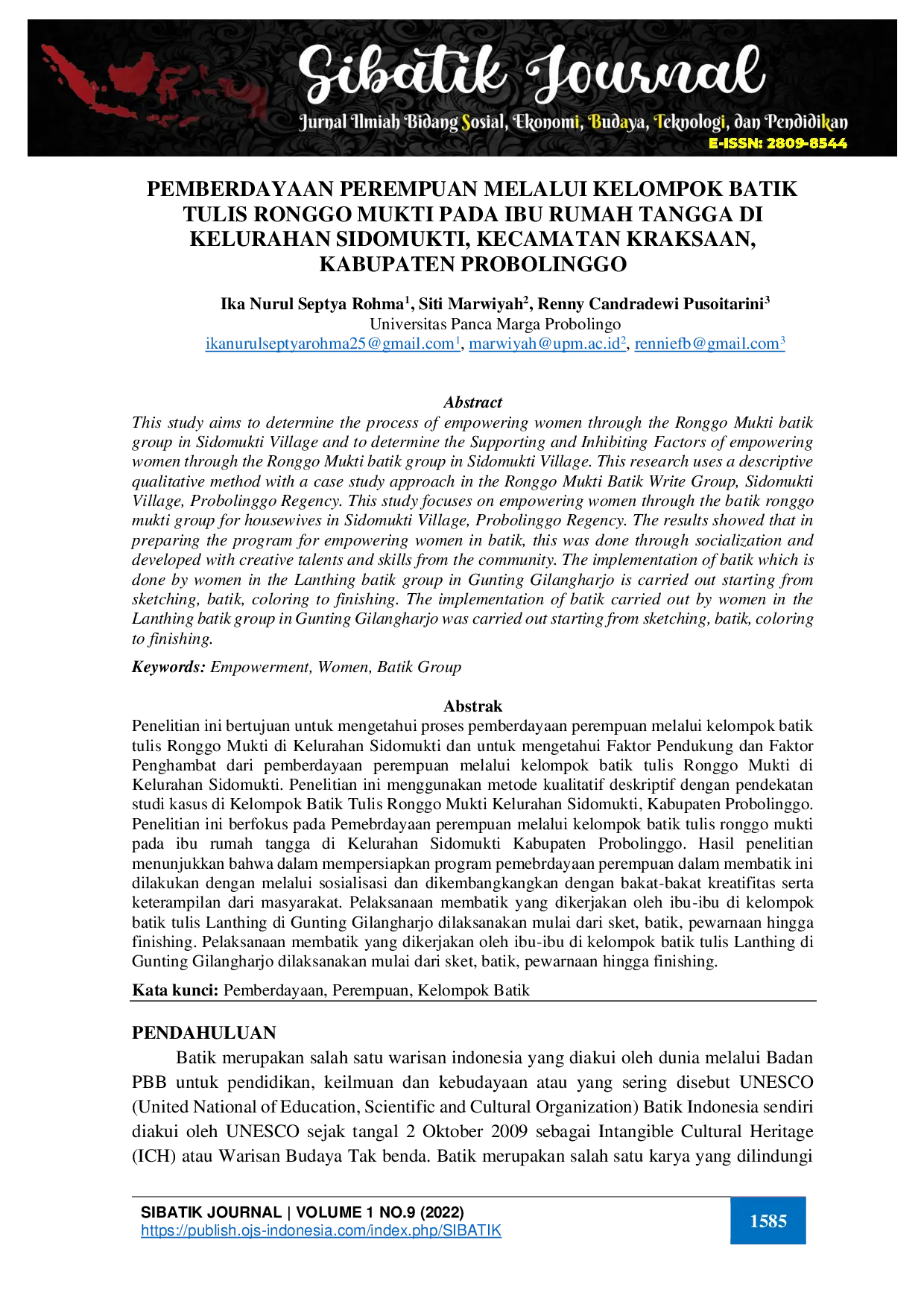 juris Pemberdayaan Perempuan Melalui Kelompok Batik Tulis Ronggo Mukti Pada Ibu Rumah Tangga Di Kelurahan Sidomukti Kecamatan Kraksaan Kabupaten Probolinggo