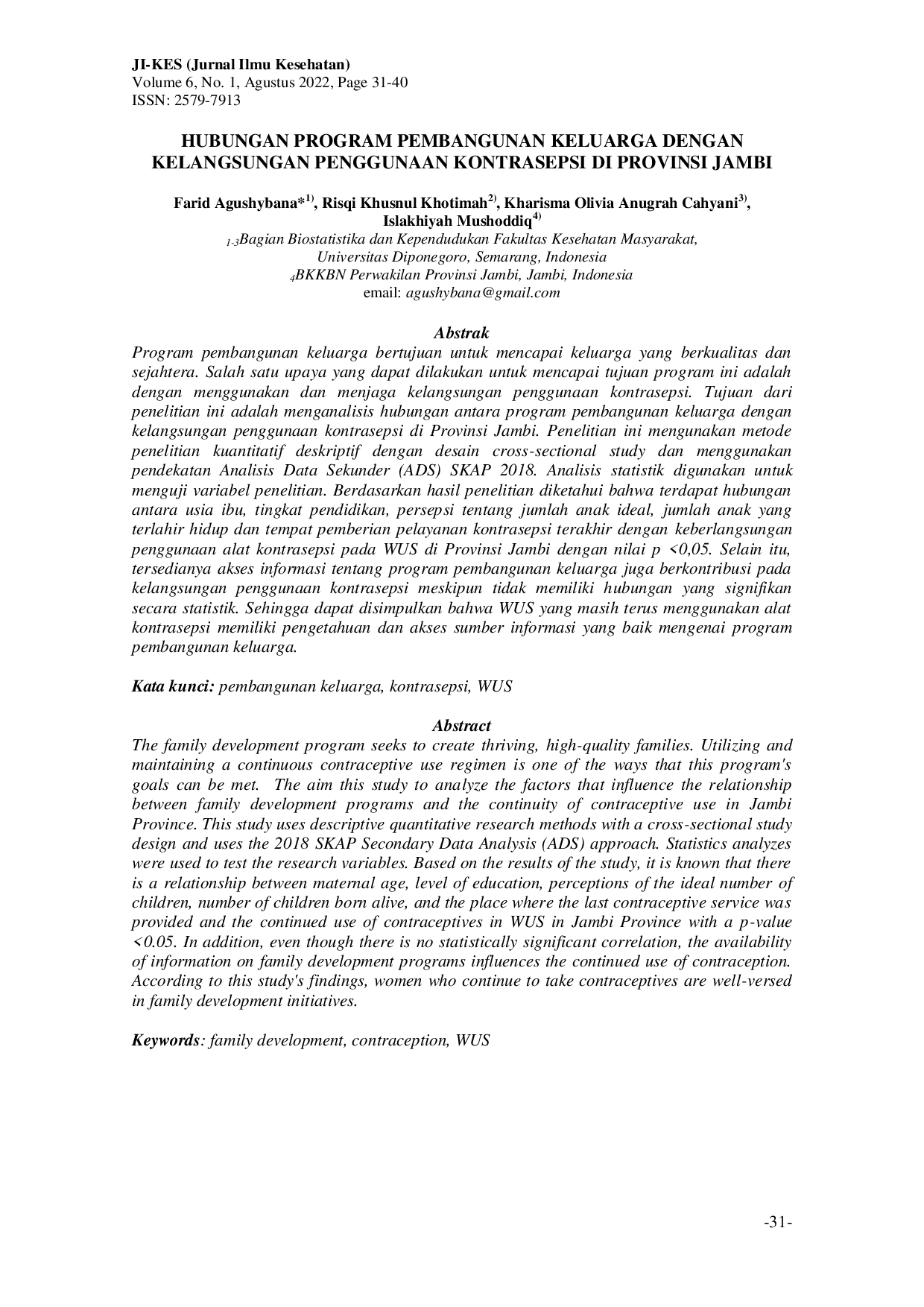 JURIS Hubungan Program Pembangunan Keluarga dengan Kelangsungan Penggunaan Kontrasepsi di Provinsi Jambi