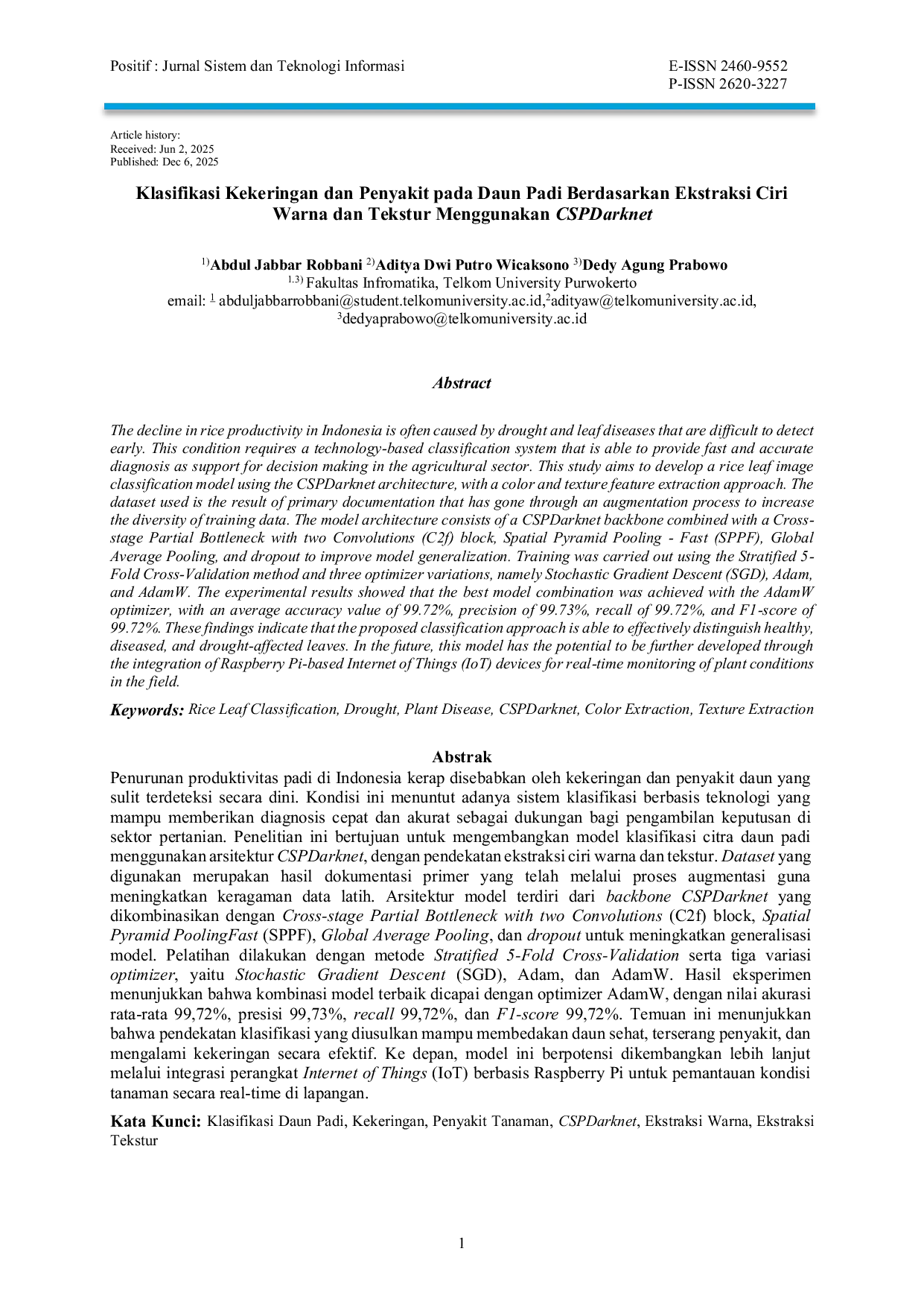 JURIS Klasifikasi Kekeringan dan Penyakit pada Daun Padi Berdasarkan Ekstraksi Ciri Warna dan Tekstur Menggunakan CSPDarknet