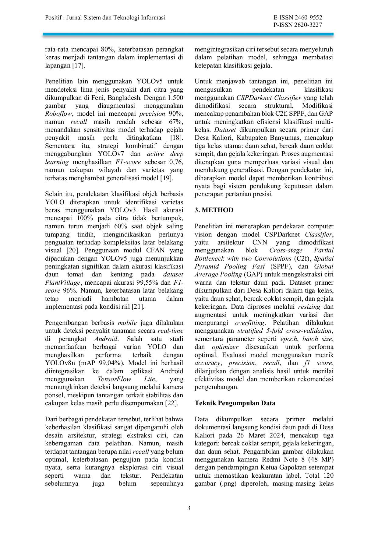 JURIS Klasifikasi Kekeringan dan Penyakit pada Daun Padi Berdasarkan Ekstraksi Ciri Warna dan Tekstur Menggunakan CSPDarknet