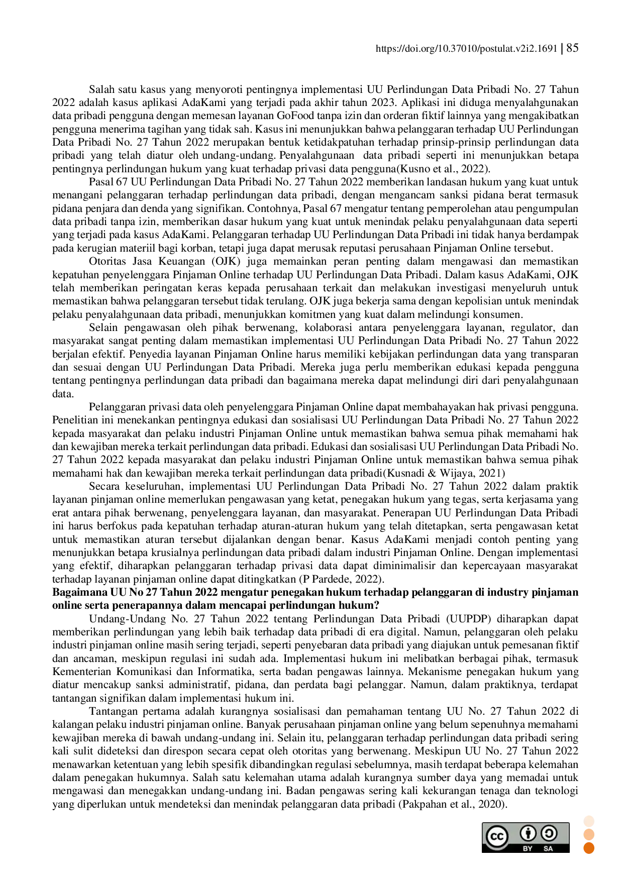 JURIS Kebijakan Implementasi Undang Undang No 27 Tahun 2022 Pada Kasus Pinjaman Online di Indonesia