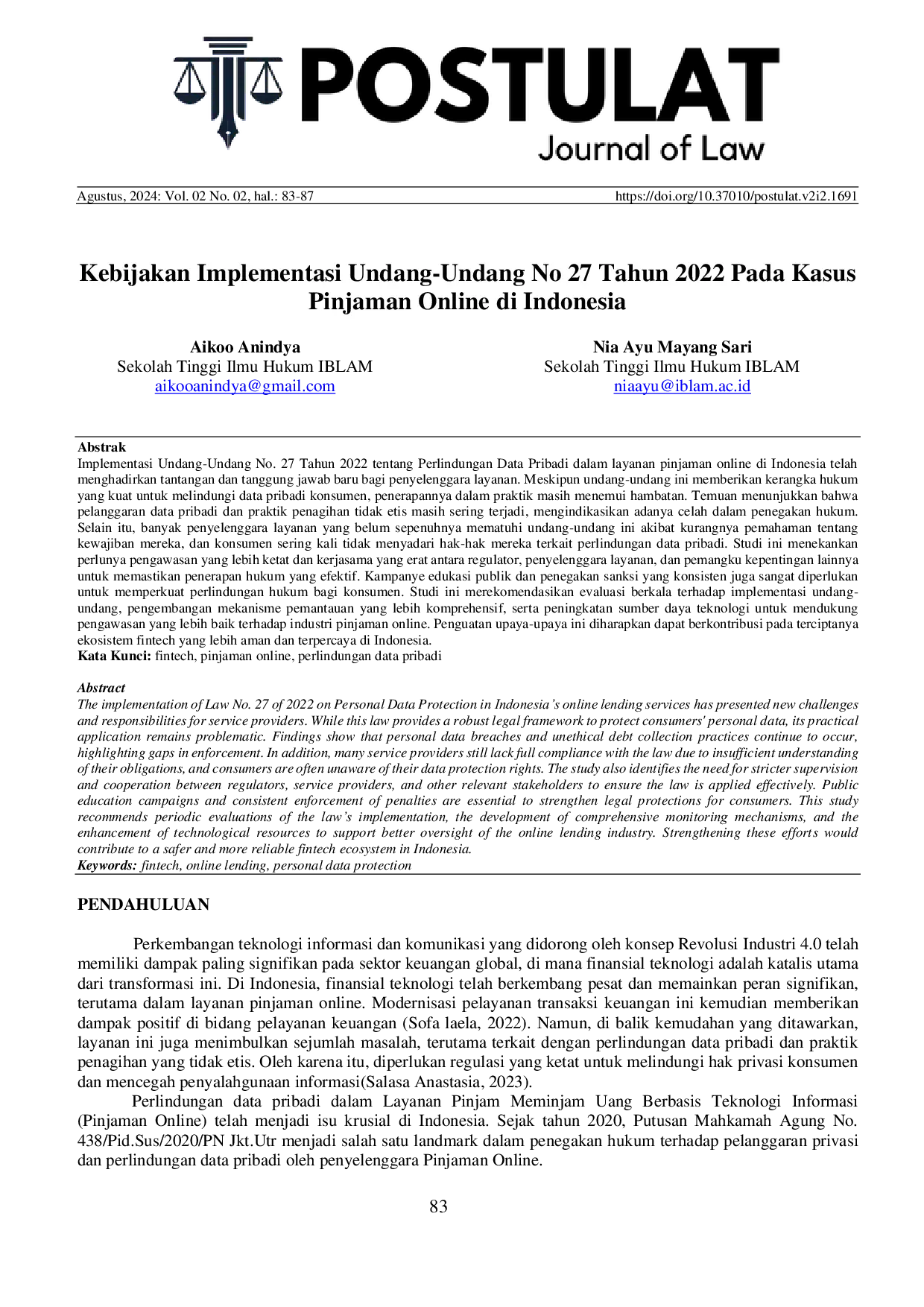 JURIS Kebijakan Implementasi Undang Undang No 27 Tahun 2022 Pada Kasus Pinjaman Online di Indonesia