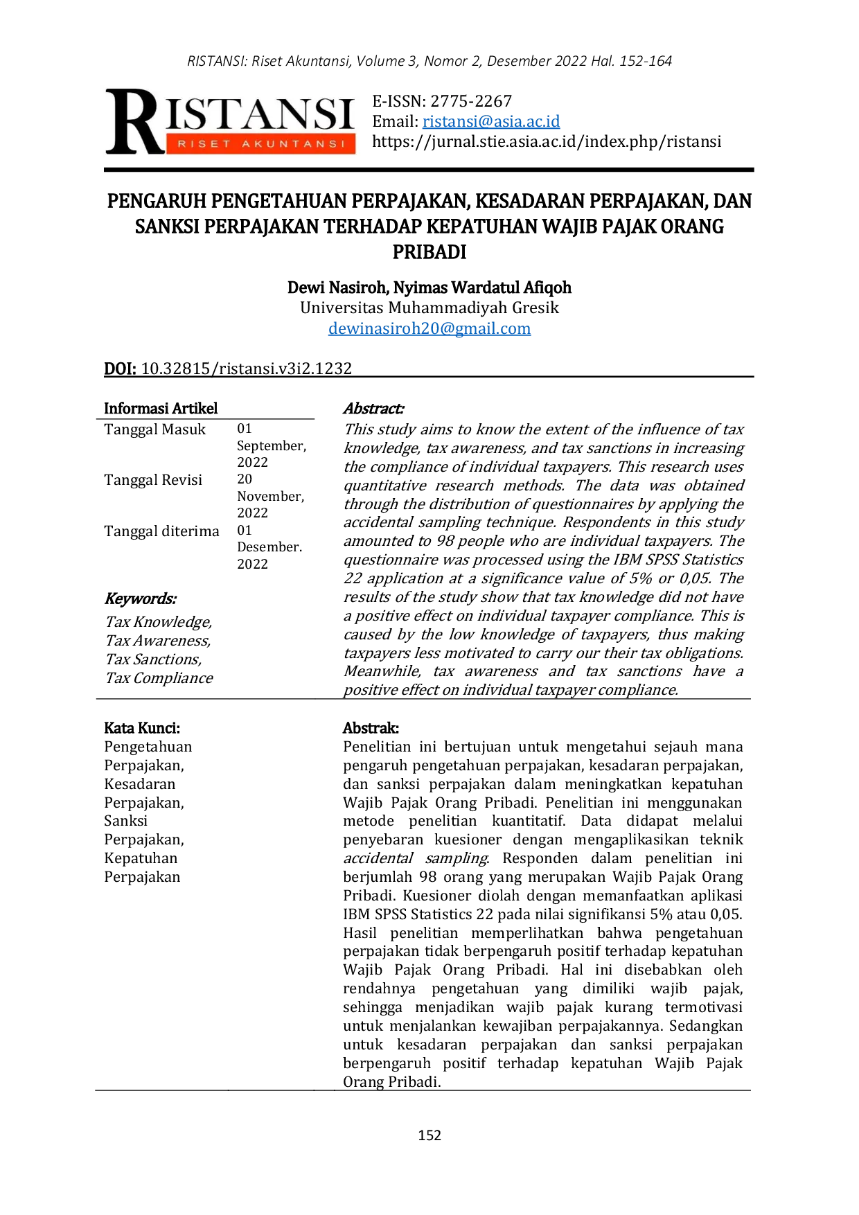 JURIS Pengaruh Pengetahuan Perpajakan Kesadaran Perpajakan dan Sanksi Perpajakan Terhadap Kepatuhan Wajib Pajak Orang Pribadi