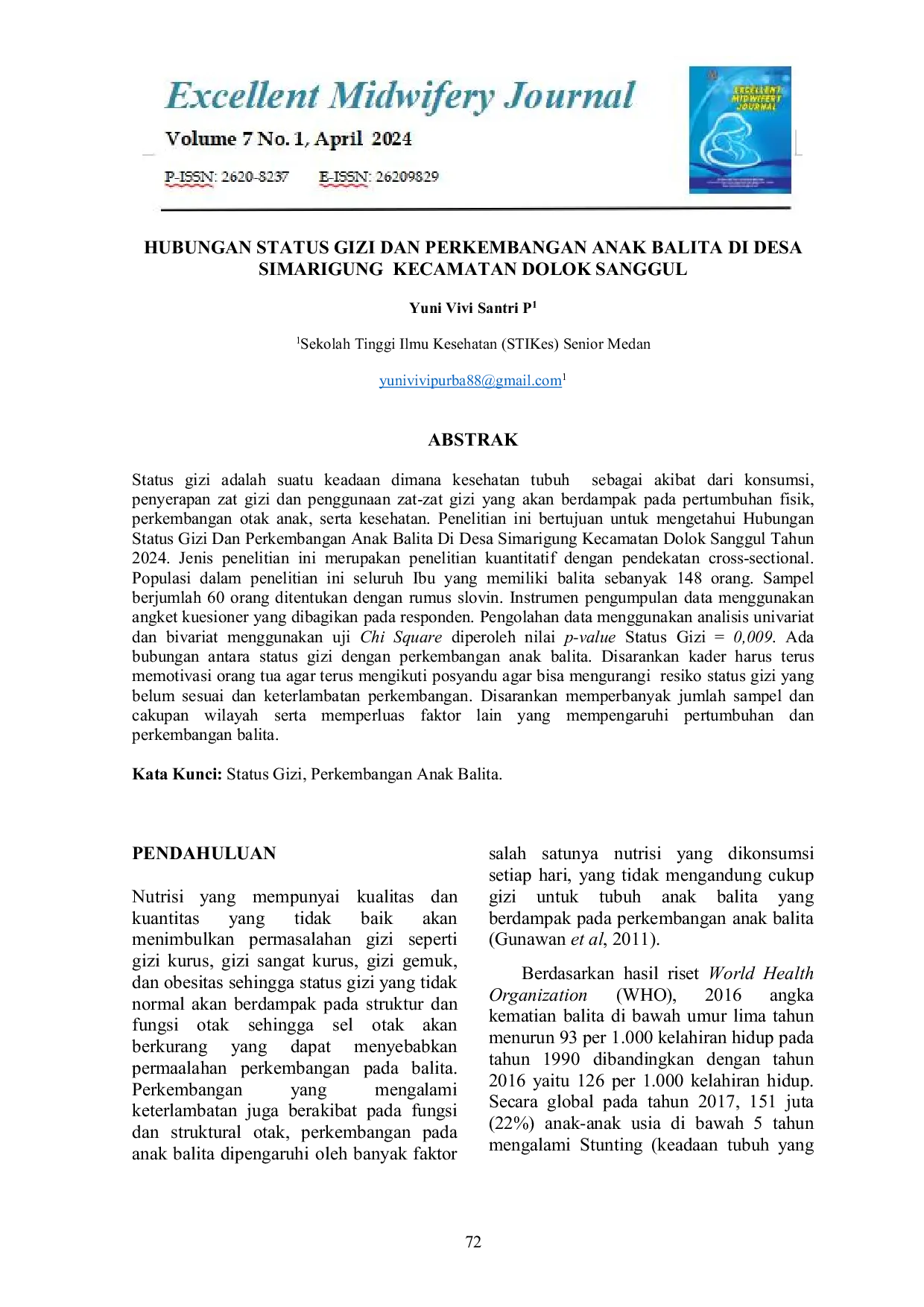 JURIS Hubungan Status Gizi Dan Perkembangan Anak Balita Di Desa Simarigung Kecamatan Dolok Sanggul
