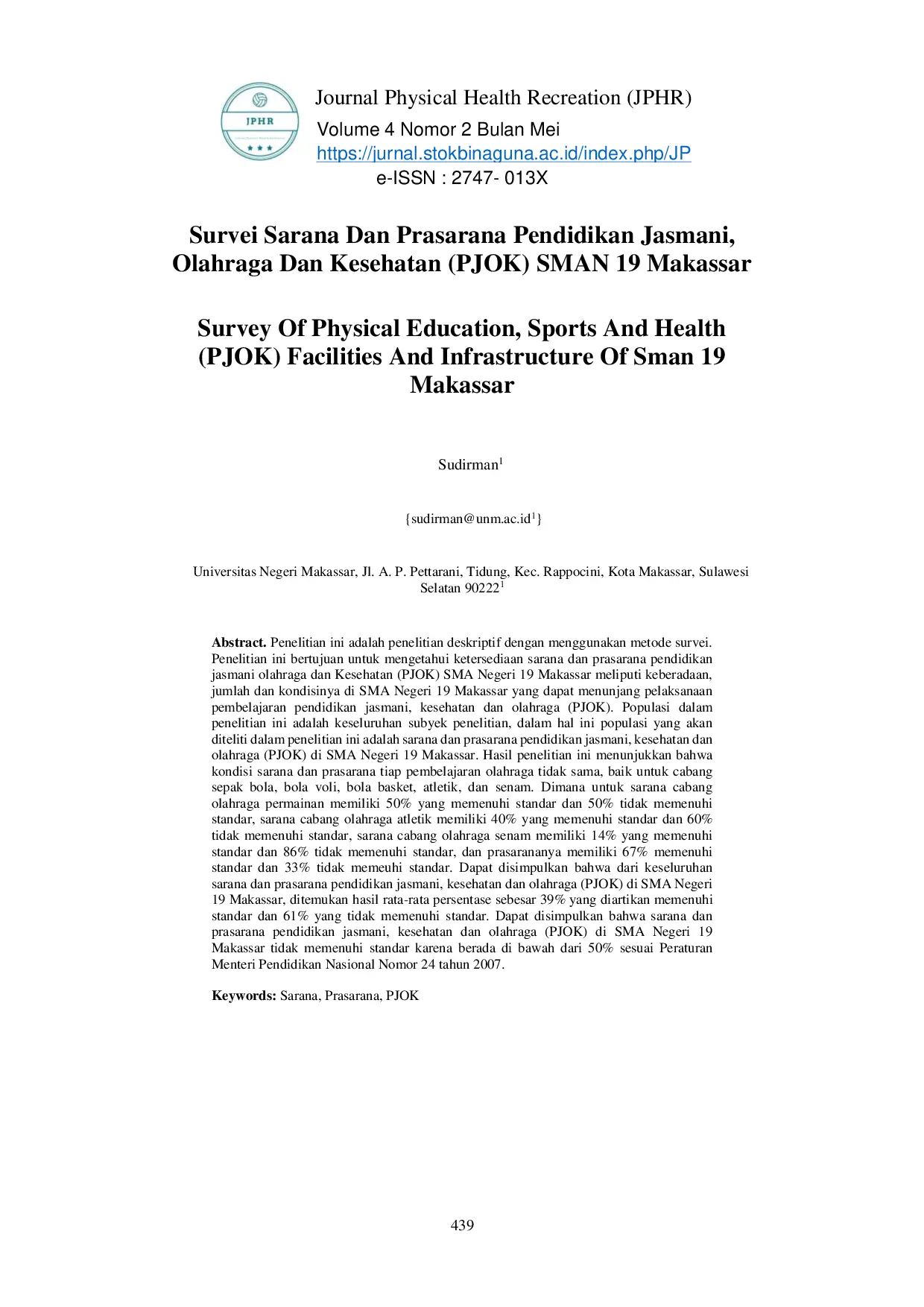 JURIS Survei Sarana Dan Prasarana Pendidikan Jasmani Olahraga Dan Kesehatan PJOK SMAN 19 Makassar