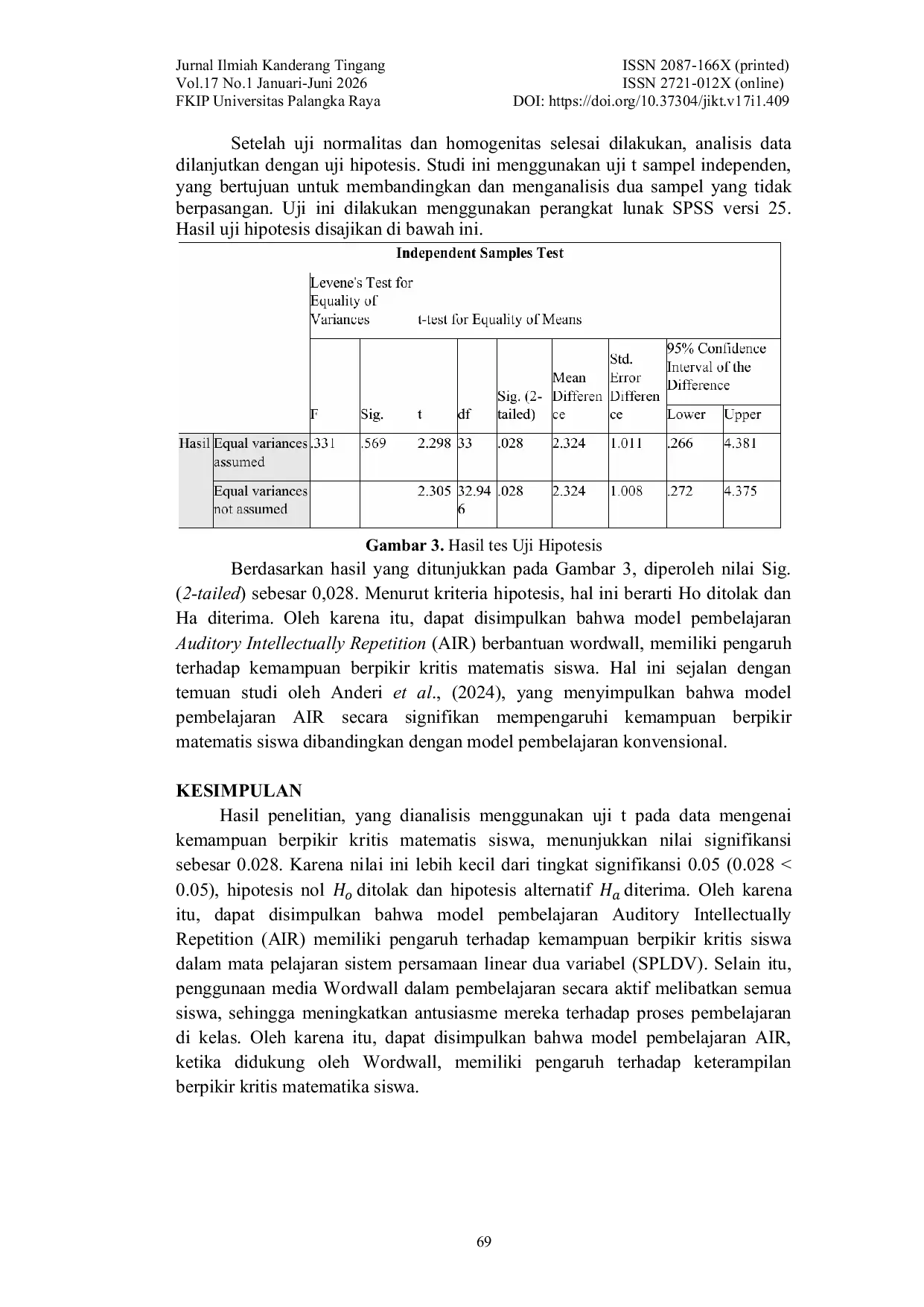 JURIS Pengaruh Model Pembelajaran Auditory Intellectually Repetition Berbantuan Wordwall Terhadap Kemampuan Berpikir Kritis Matematis Siswa