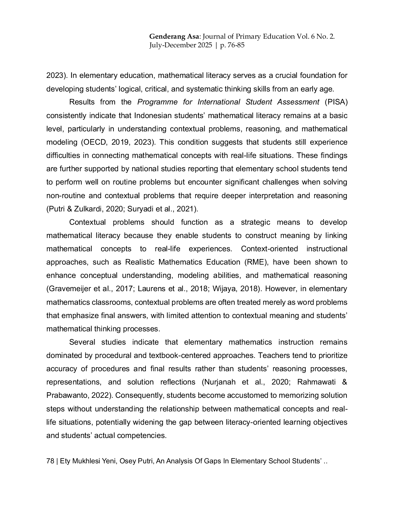 JURIS An Analysis of Gaps in Elementary School Students Mathematical Literacy in Solving Contextual Problems