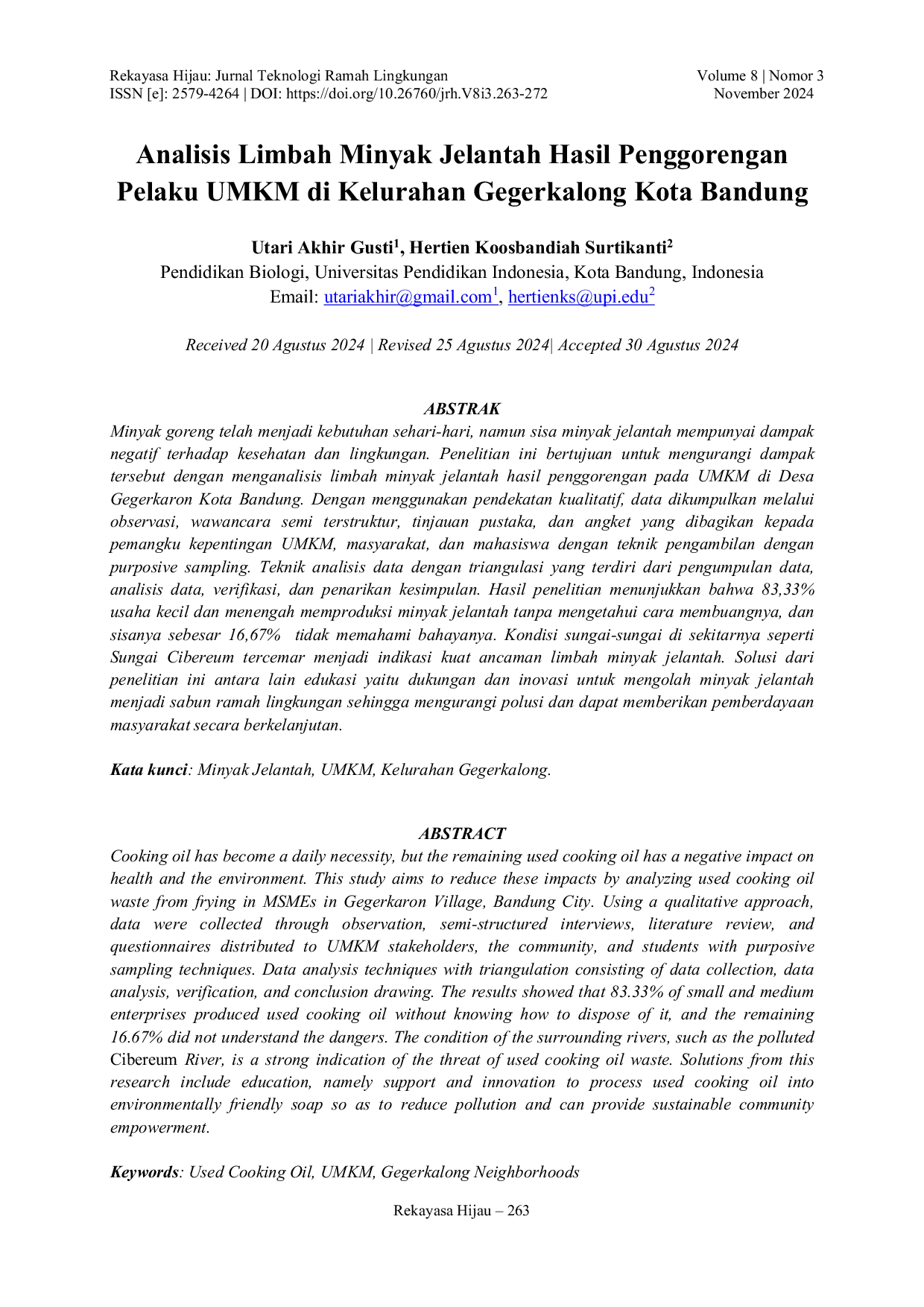 JURIS Analisis Limbah Minyak Jelantah Hasil Penggorengan Pelaku UMKM di Kelurahan Gegerkalong Kota Bandung
