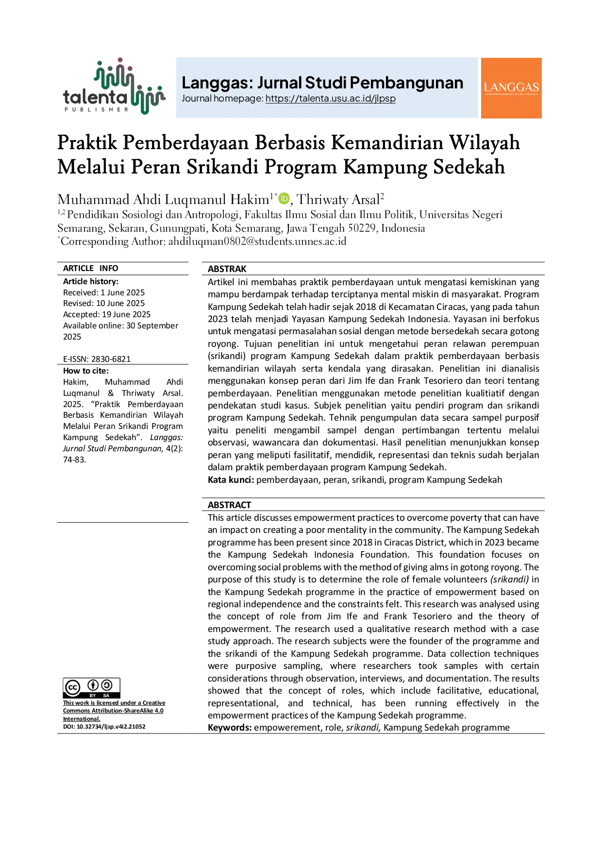 JURIS Praktik Pemberdayaan Berbasis Kemandirian Wilayah Melalui Peran Srikandi Program Kampung Sedekah