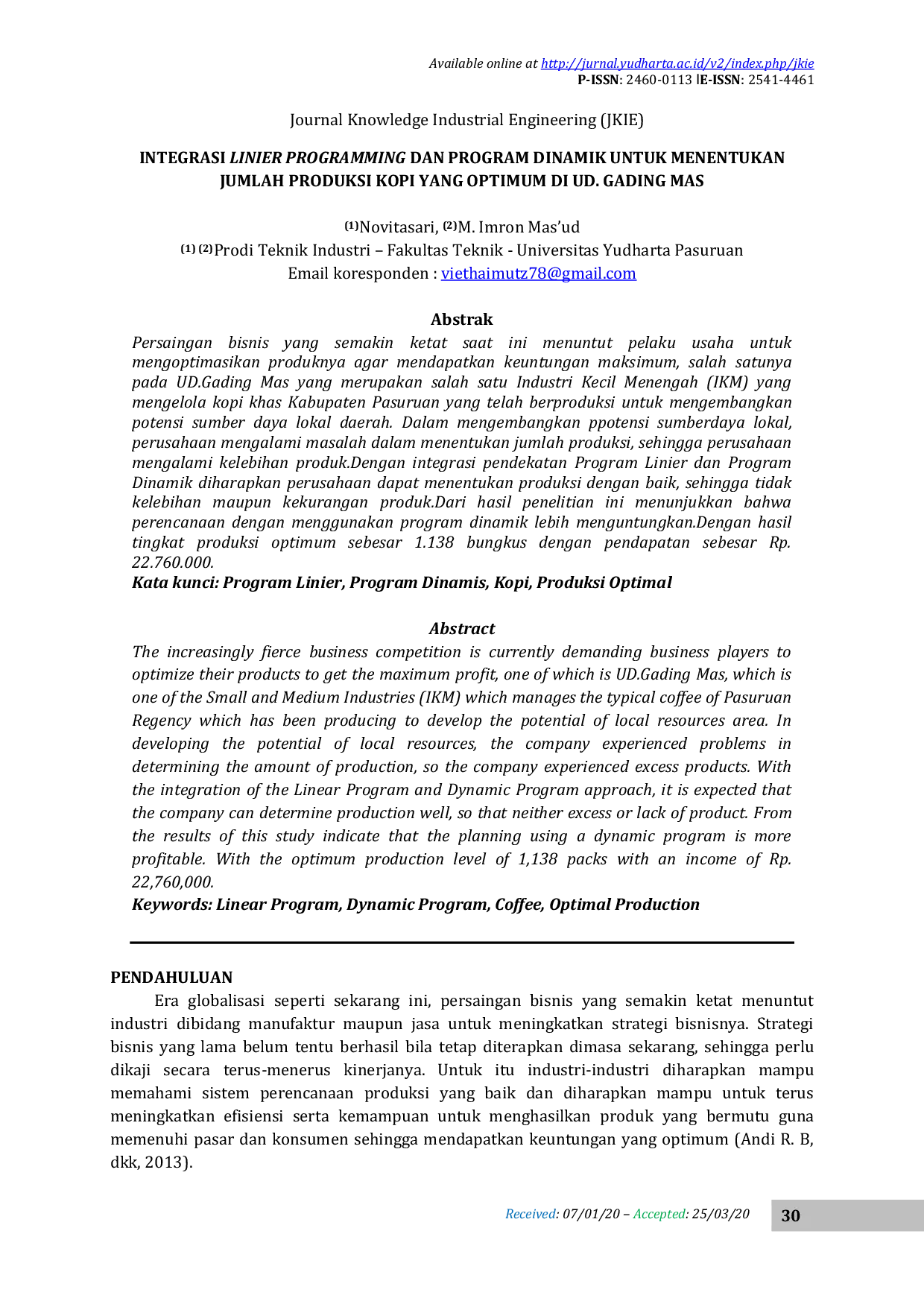 JURIS Integrasi Linier Programming Dan Program Dinamik Untuk Menentukan Jumlah Produksi Kopi Yang Optimum Di Ud Gading Mas