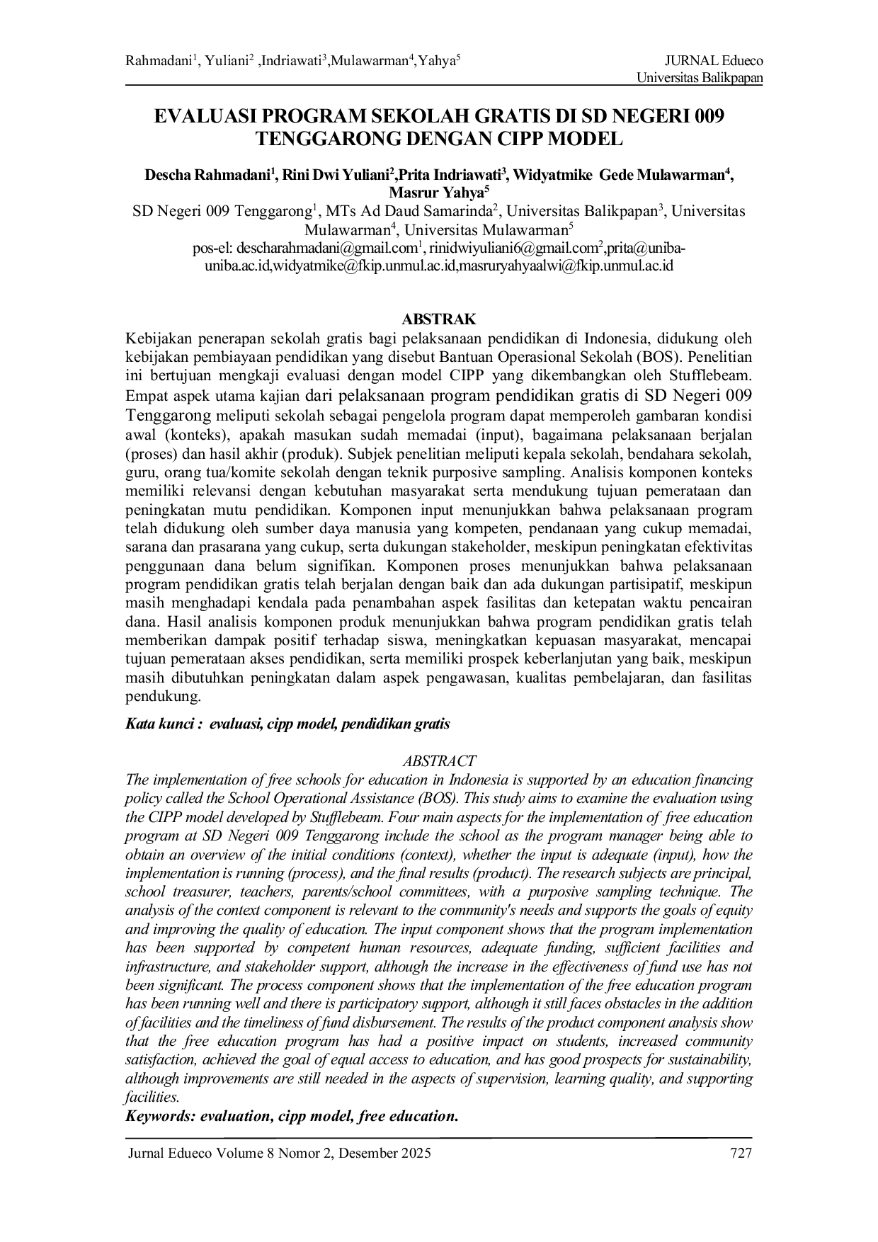 JURIS Evaluasi Program Sekolah Gratis Di Sd Negeri 009 Tenggarong Dengan Cipp Model