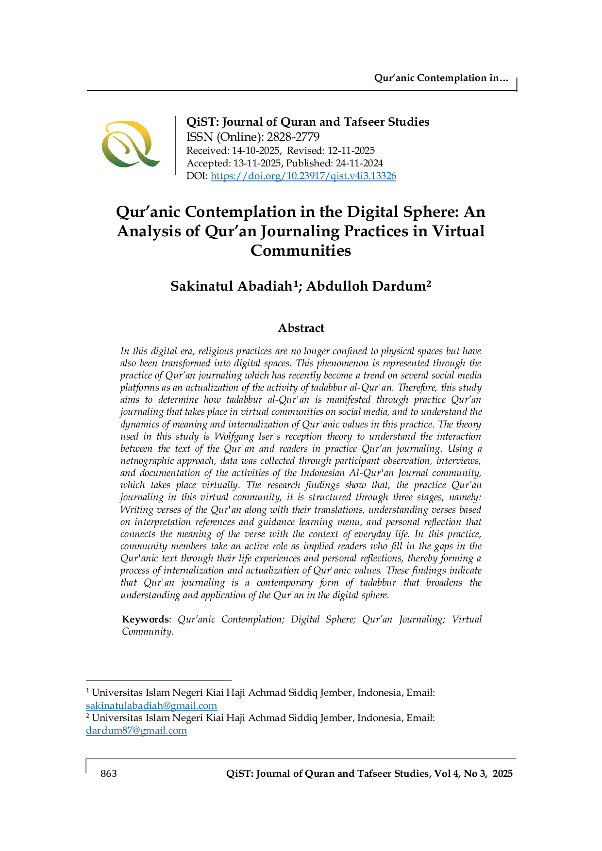 JURIS Qur anic Contemplation in the Digital Sphere An Analysis of Qur an Journaling Practices in Virtual Communities