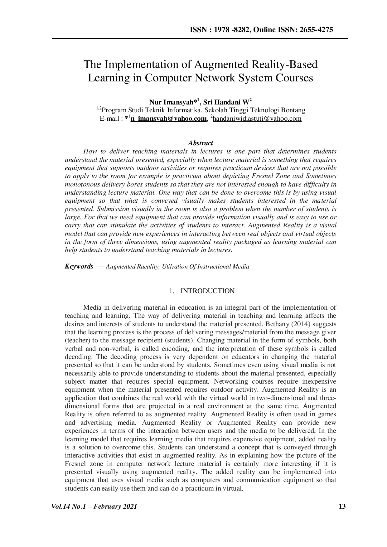 JURIS The Implementation of Augmented RealityBased Learning in Computer Network System Courses