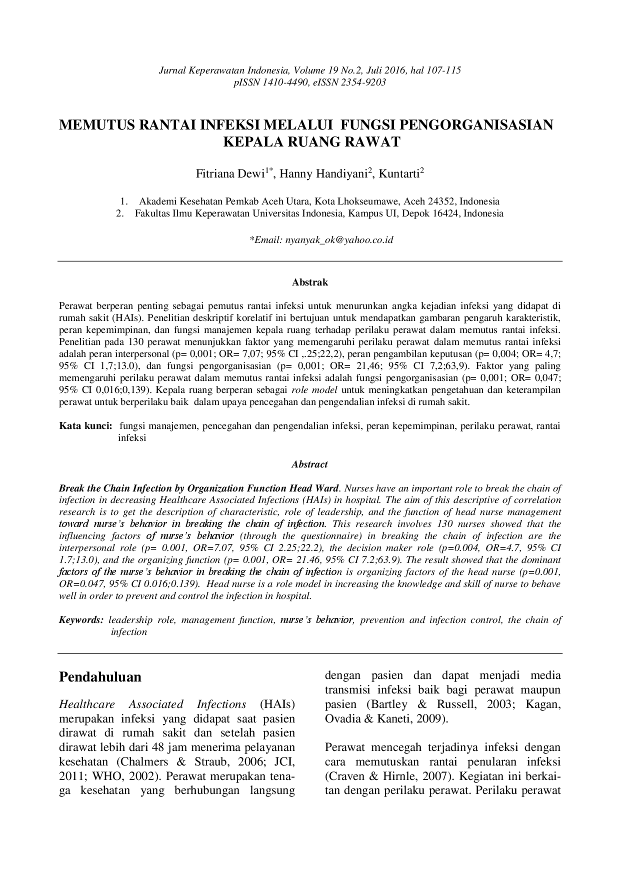 juris Memutus Rantai Infeksi melalui Fungsi Pengorganisasian Kepala Ruang Rawat