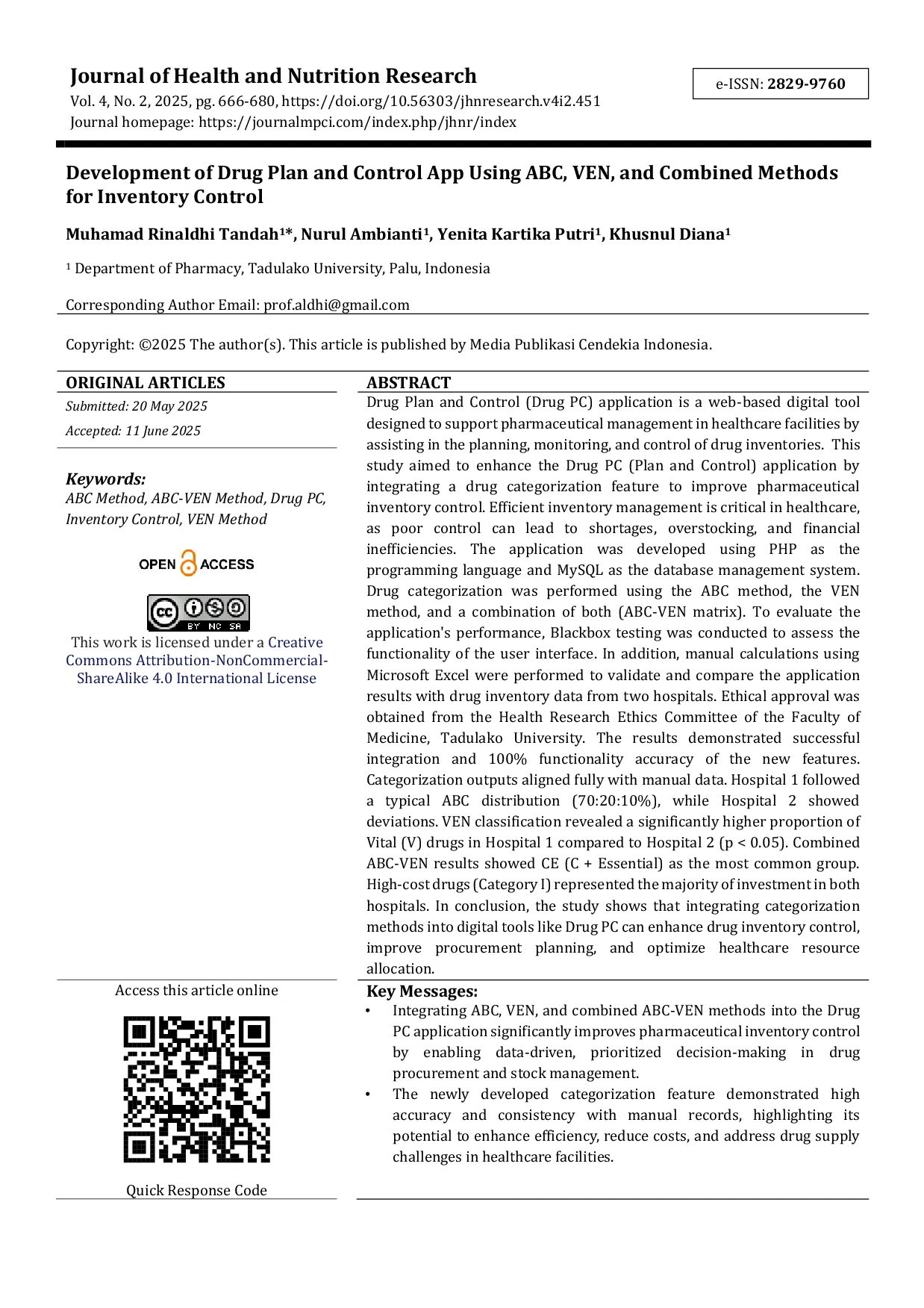 JURIS Development of Drug Plan and Control App Using ABC VEN and Combined Methods for Inventory Control