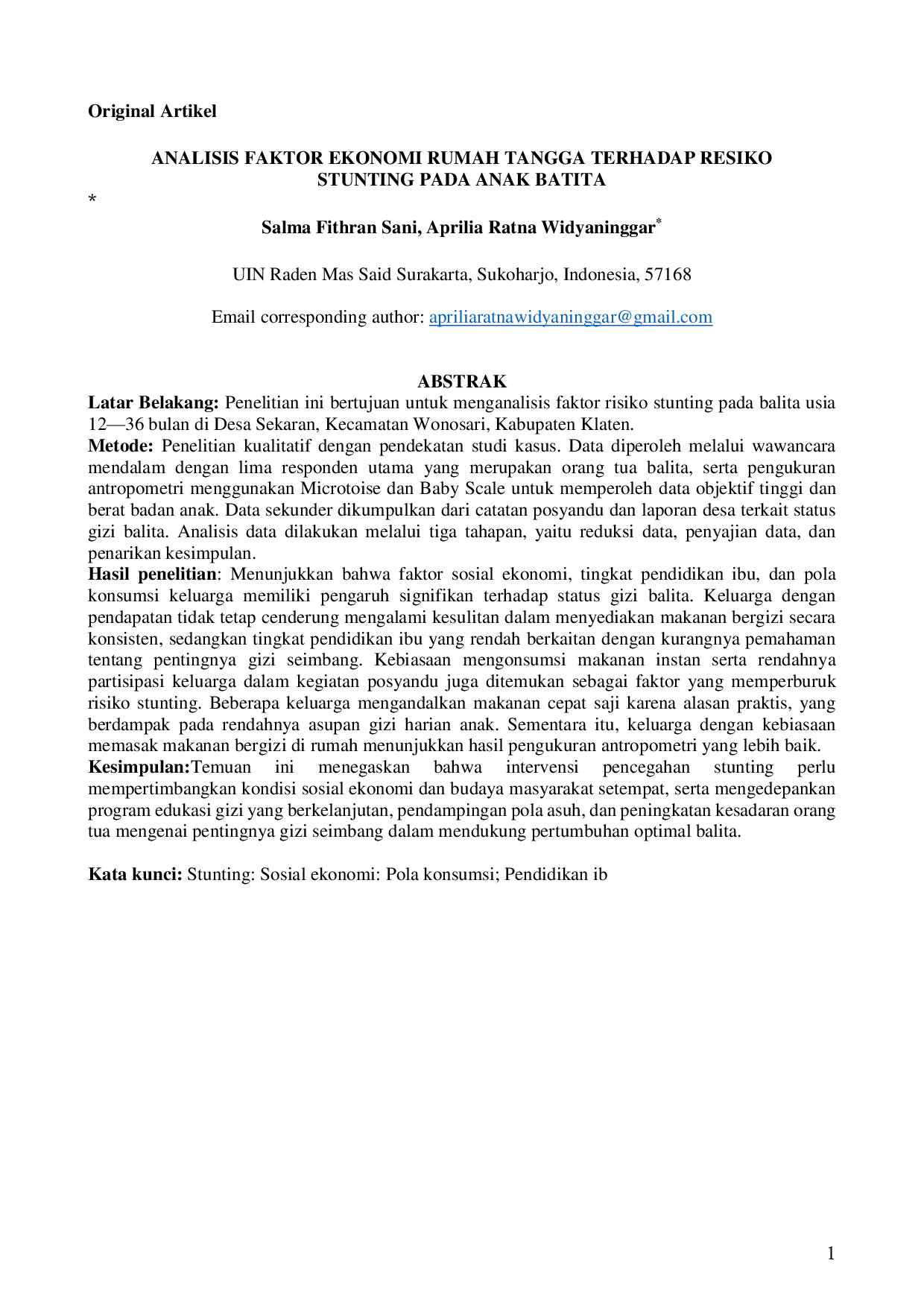 JURIS Analisis Faktor Ekonomi Rumah Tangga Terhadap Resiko Stunting Pada Anak Batita