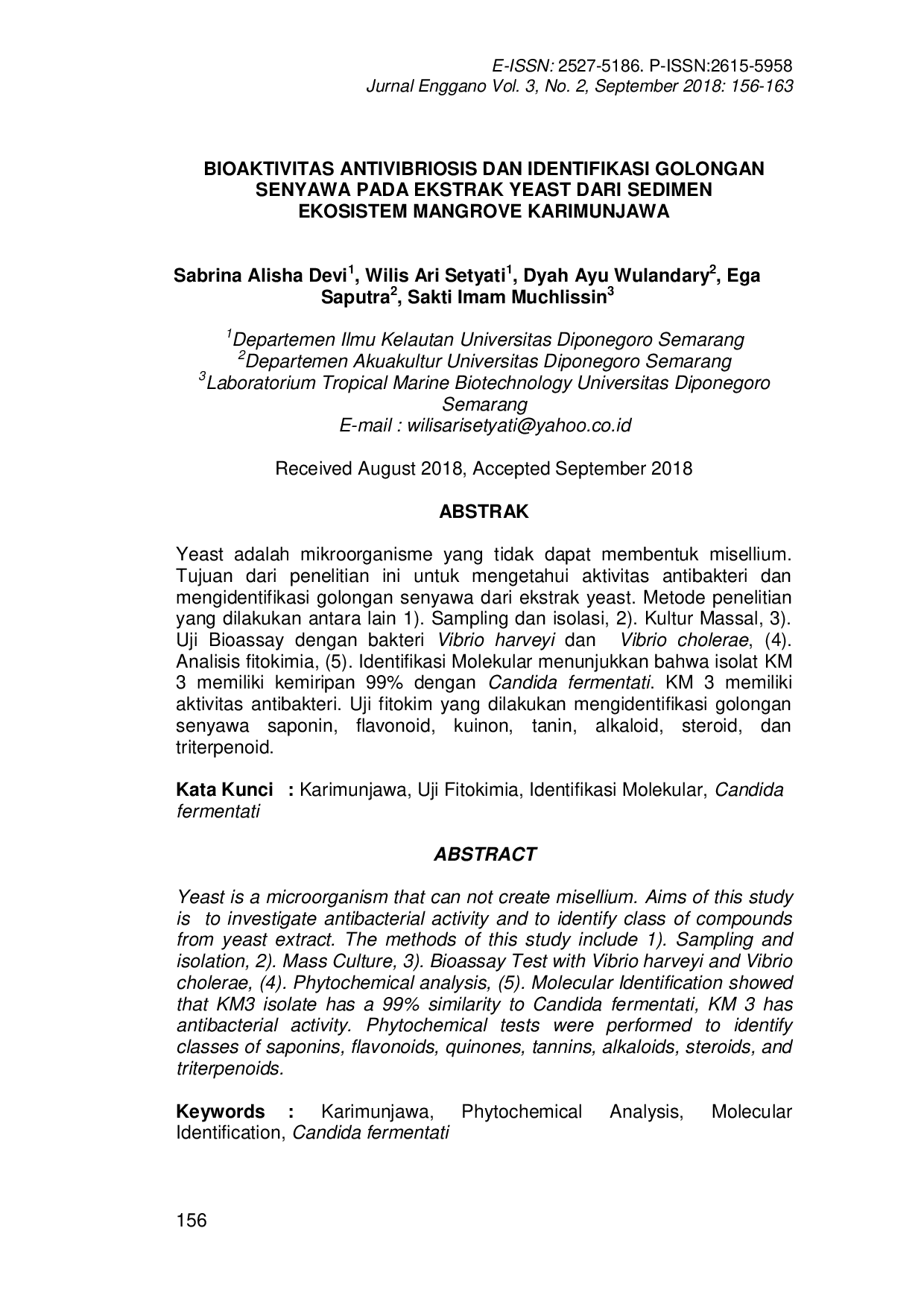 JURIS Bioaktivitas Antivibriosis Dan Identifikasi Golongan Senyawa Pada Ekstrak Yeast Dari Sedimen Ekosistem Mangrove Karimunjawa