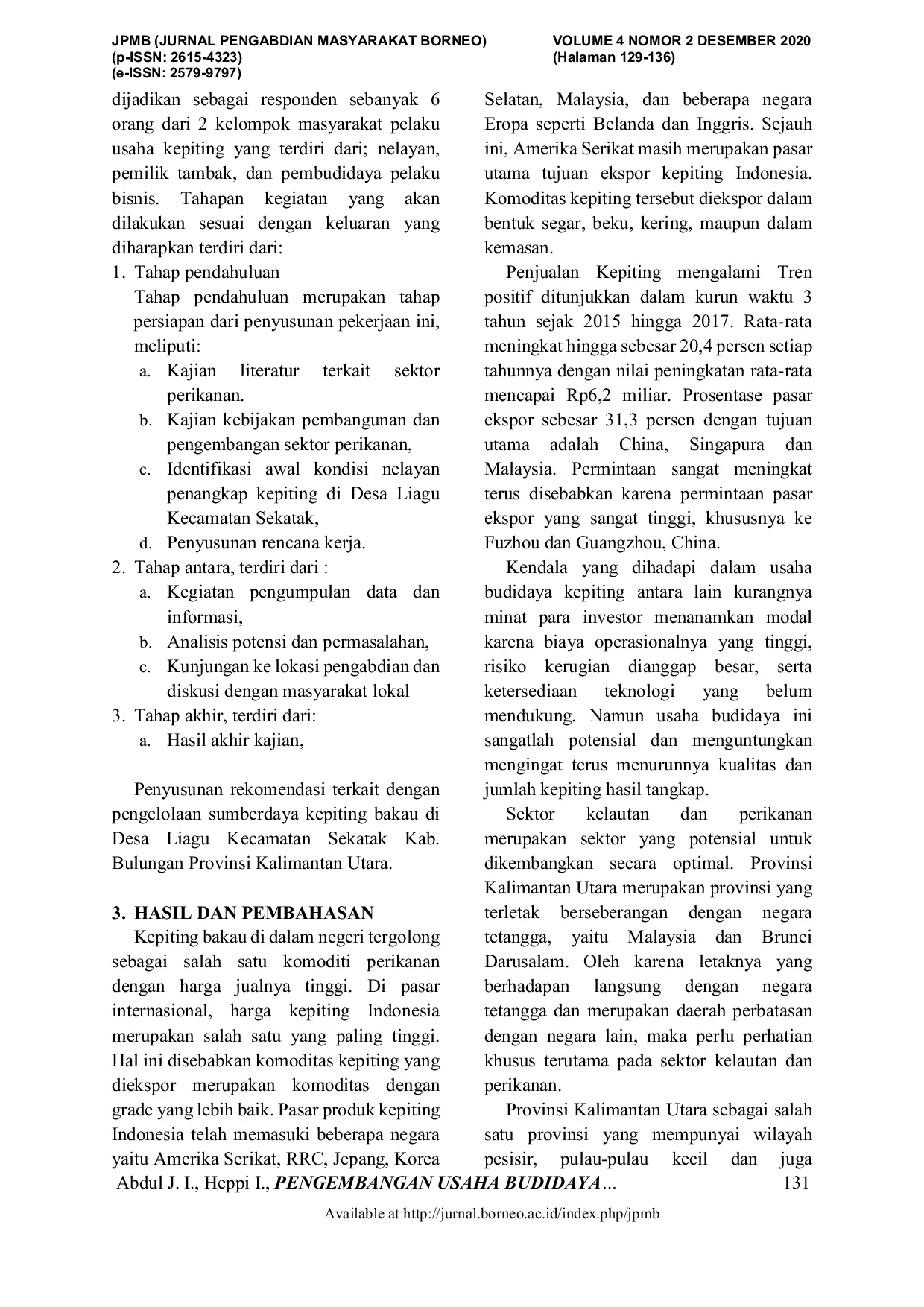 JURIS Pengembangan Usaha Budidaya Kepiting Bakau Di Tambak Tradisional Desa Liagu Kabupaten Bulungan