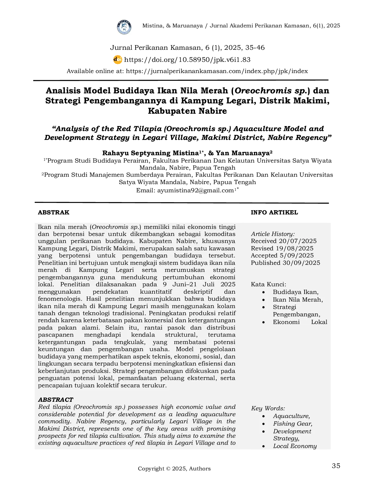 JURIS Analisis Model Budidaya Ikan Nila Merah Oerochromis sp Dan Strategi Pengembangan Di Kampung Legari Distrik Makimi Kabupaten Nabire