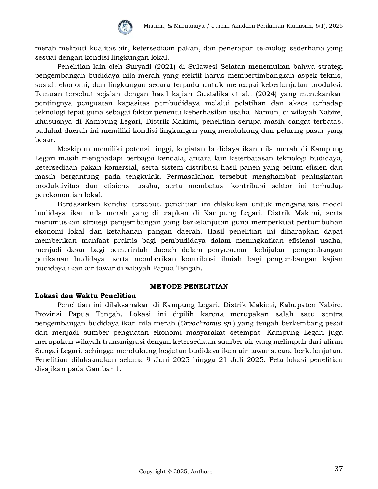 JURIS Analisis Model Budidaya Ikan Nila Merah Oerochromis sp Dan Strategi Pengembangan Di Kampung Legari Distrik Makimi Kabupaten Nabire