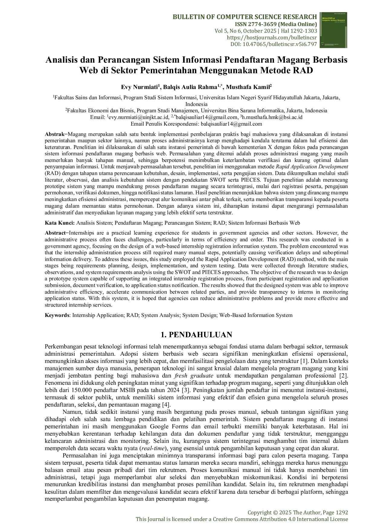 JURIS Analisis dan Perancangan Sistem Informasi Pendaftaran Magang Berbasis Web di Sektor Pemerintahan Menggunakan Metode RAD