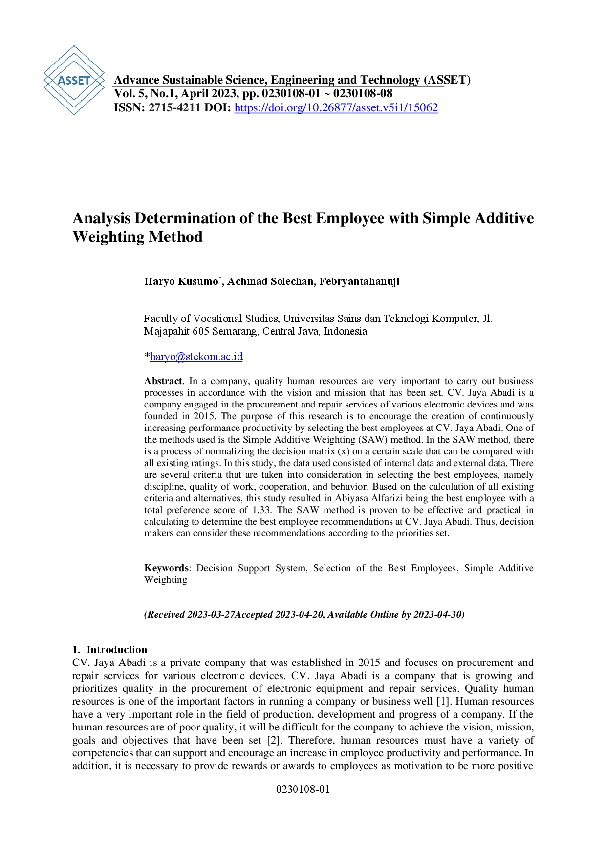 juris Analysis Determination of the Best Employee Using the Simple Additive Weighting Method