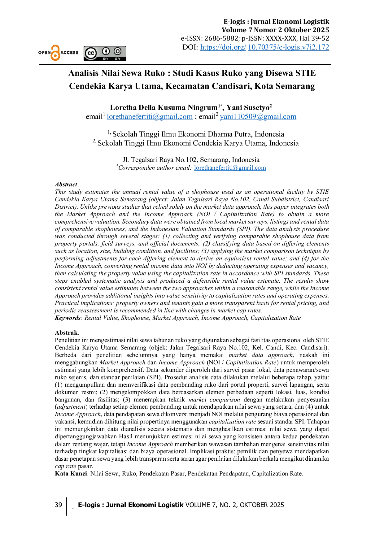 JURIS Analisis Nilai Sewa Ruko Studi Kasus Ruko yang Disewa STIE Cendekia Karya Utama Kecamatan Candisari Kota Semarang