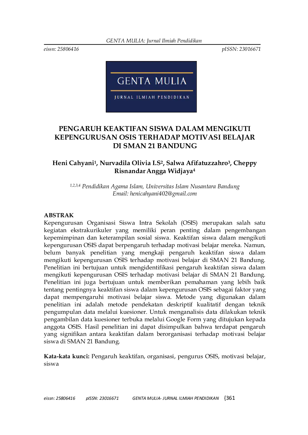 JURIS The Influence of Student Activism in Joining the OSIS Management on Learning Motivation at SMAN 21 Bandung