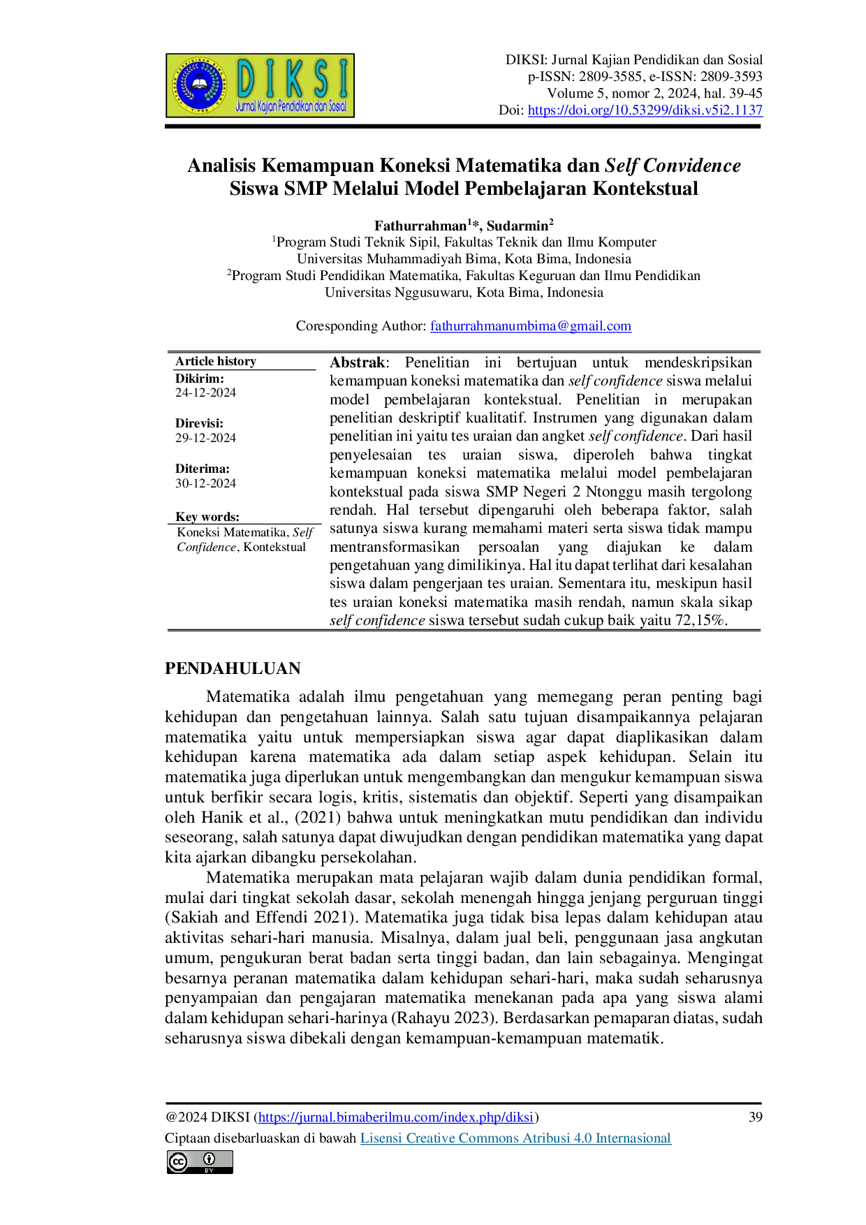 JURIS Analisis Kemampuan Koneksi Matematika dan Self Convidence Siswa SMP Melalui Model Pembelajaran Kontekstual