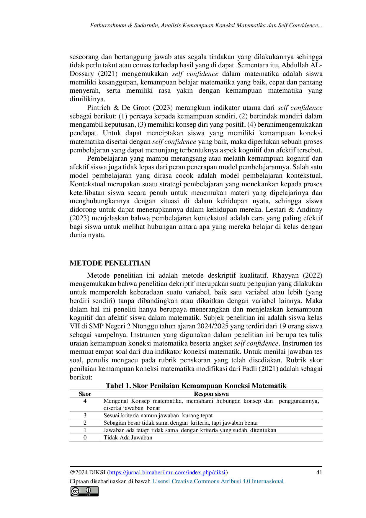 JURIS Analisis Kemampuan Koneksi Matematika dan Self Convidence Siswa SMP Melalui Model Pembelajaran Kontekstual