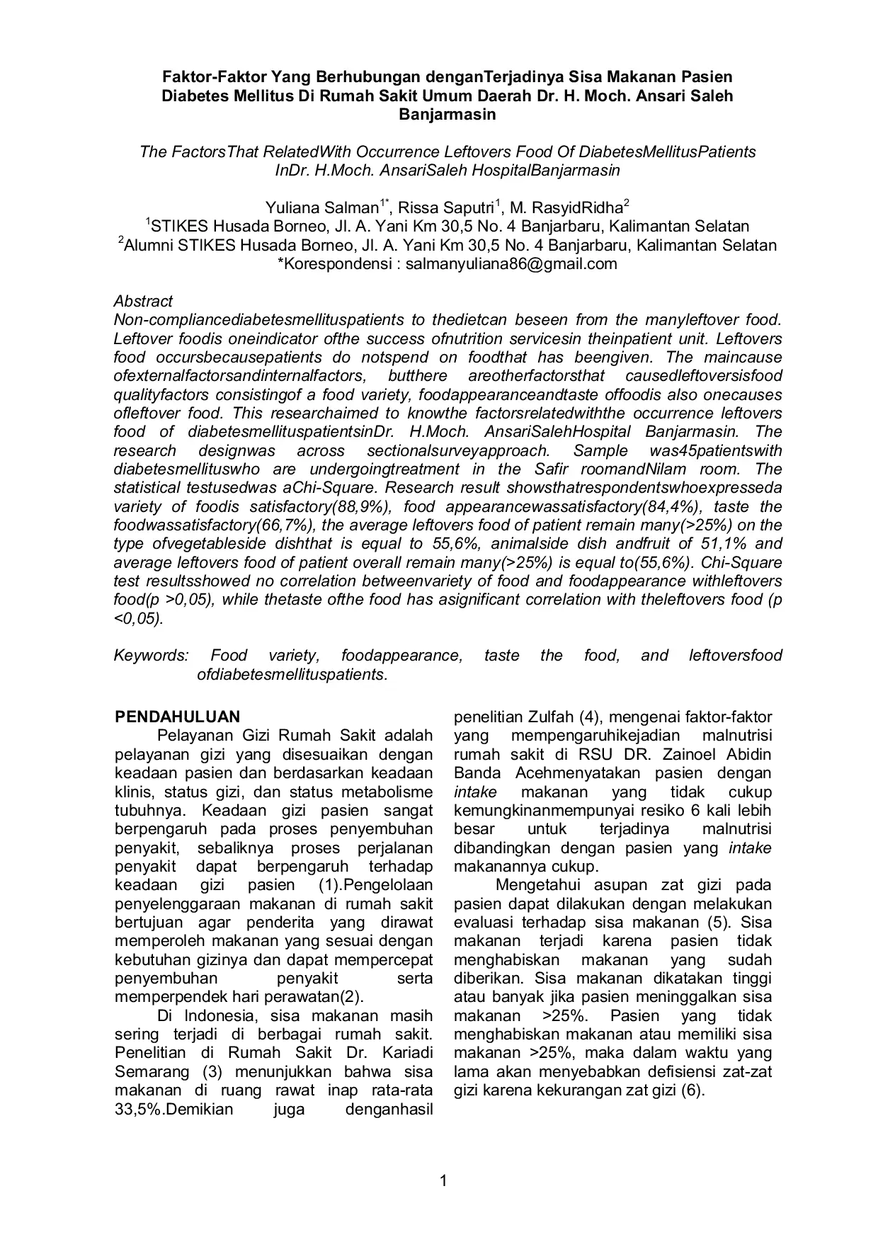 JURIS Faktor Faktor Yang Berhubungan Dengan Terjadinya Sisa Makanan Pasien Diabetes Mellitus Di Rumah Sakit Umum Daerah Dr H Moch Ansari Saleh Banjarmasin