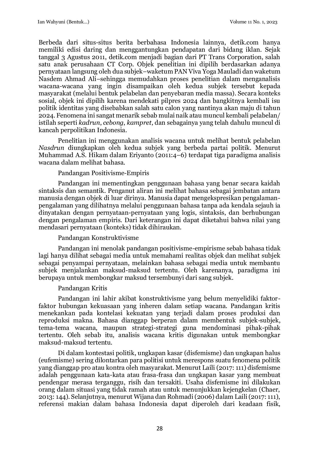 JURIS Bentuk Pelabelan Nasdrun Pada Pernyataan Politisi PAN Dan Nasdem Dalam Artikel Detiknews Com Analisis Wacana Konstruktivisme