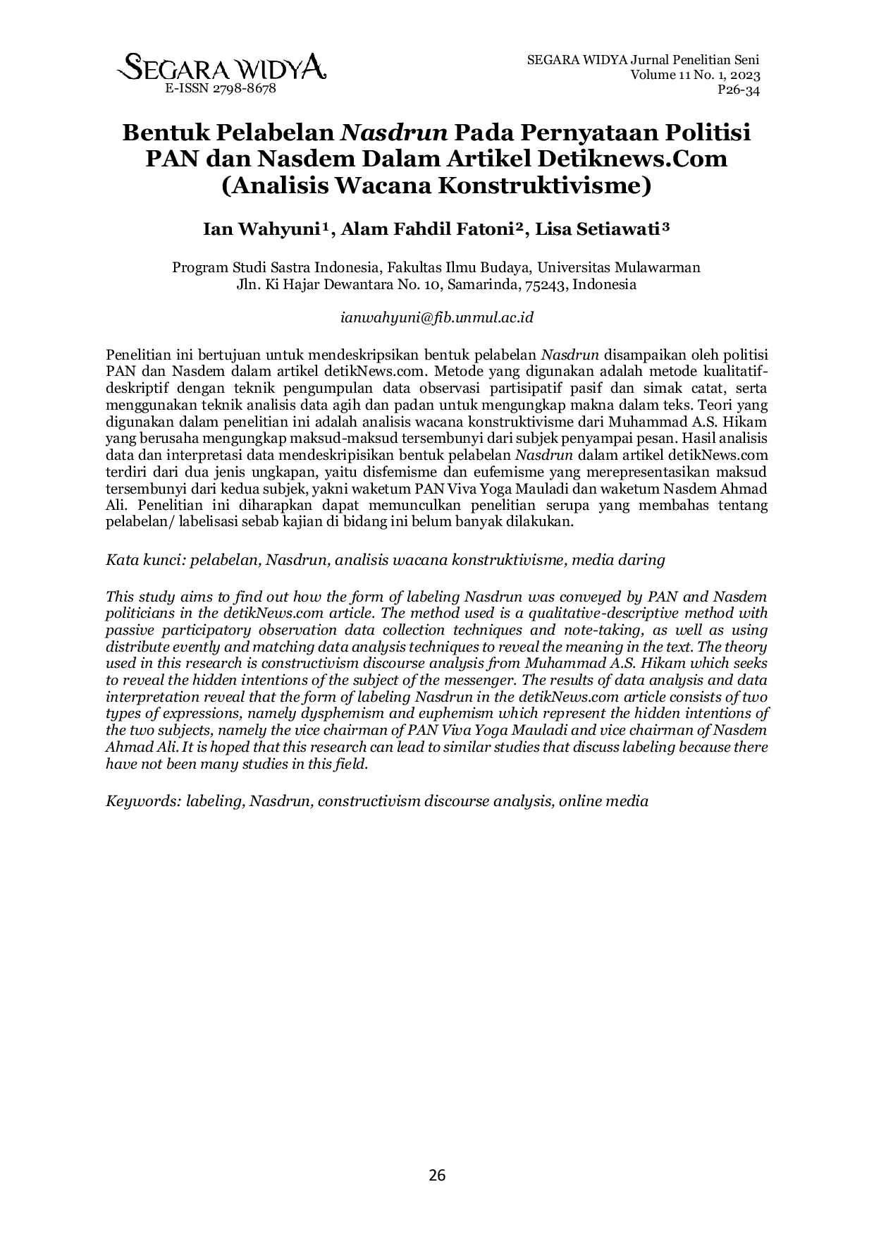 JURIS Bentuk Pelabelan Nasdrun Pada Pernyataan Politisi PAN Dan Nasdem Dalam Artikel Detiknews Com Analisis Wacana Konstruktivisme