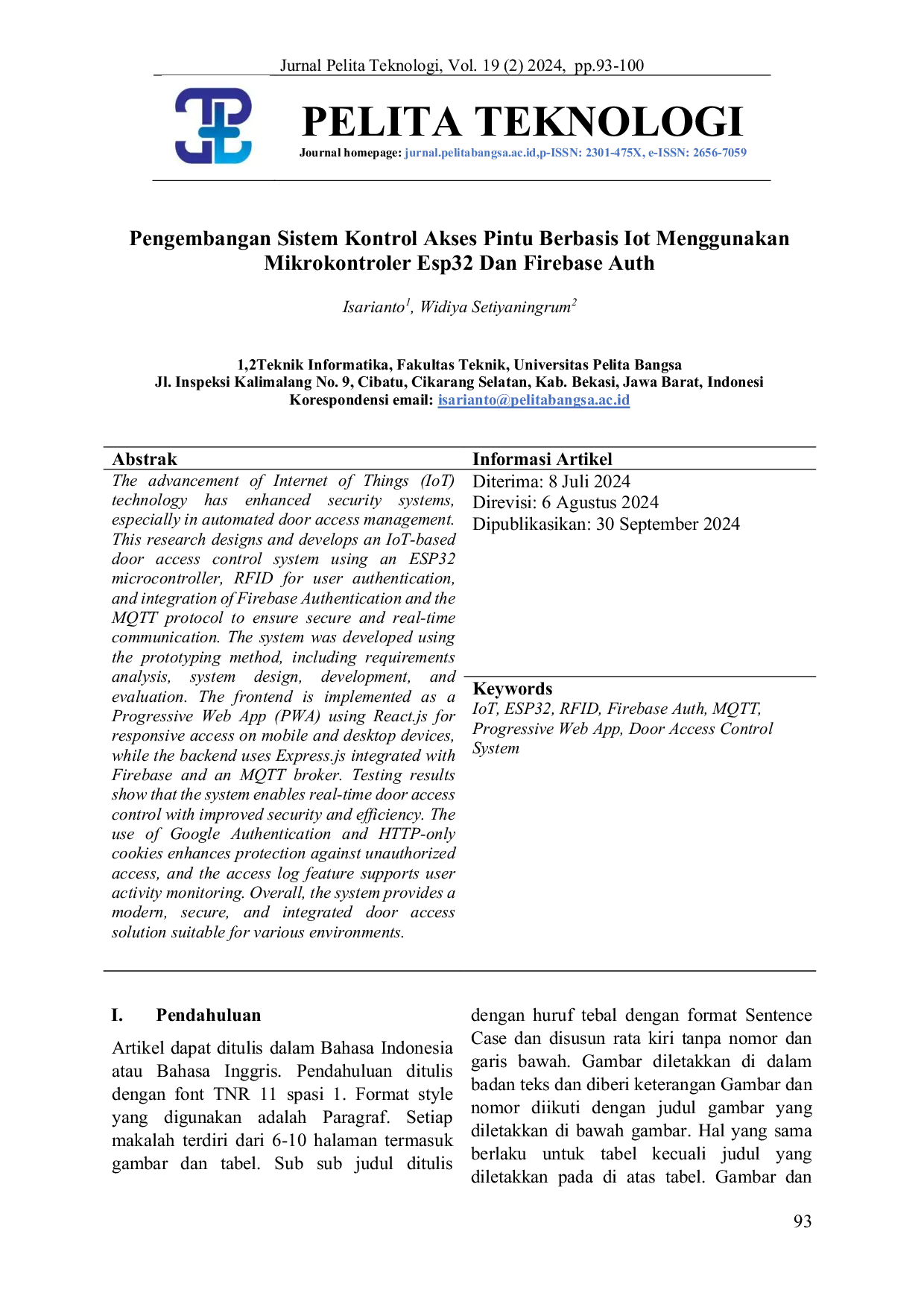 JURIS Pengembangan Sistem Kontrol Akses Pintu Berbasis Iot Menggunakan Mikrokontroler Esp32 Dan Firebase Auth