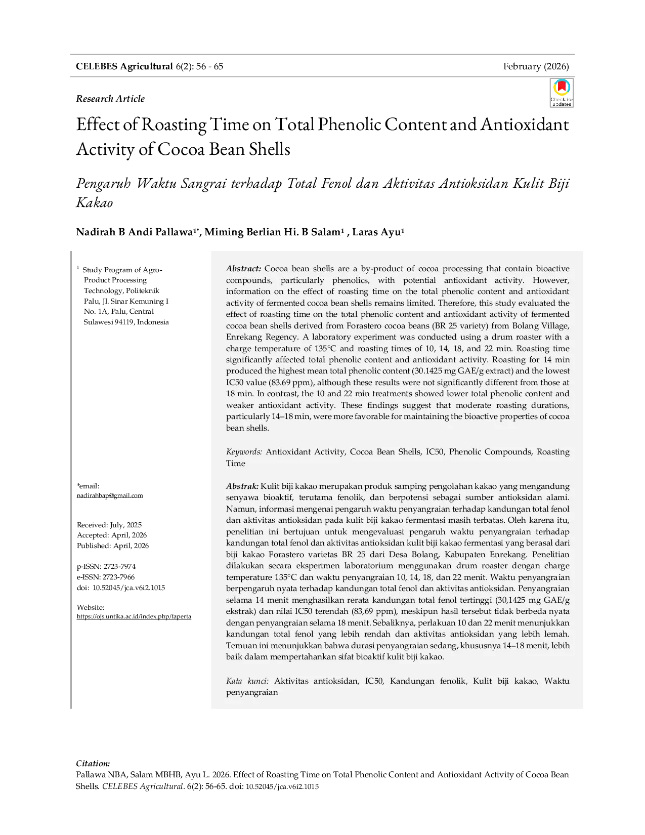 JURIS Effect of Roasting Time on Total Phenolic Content and Antioxidant Activity of Cocoa Bean Shells English