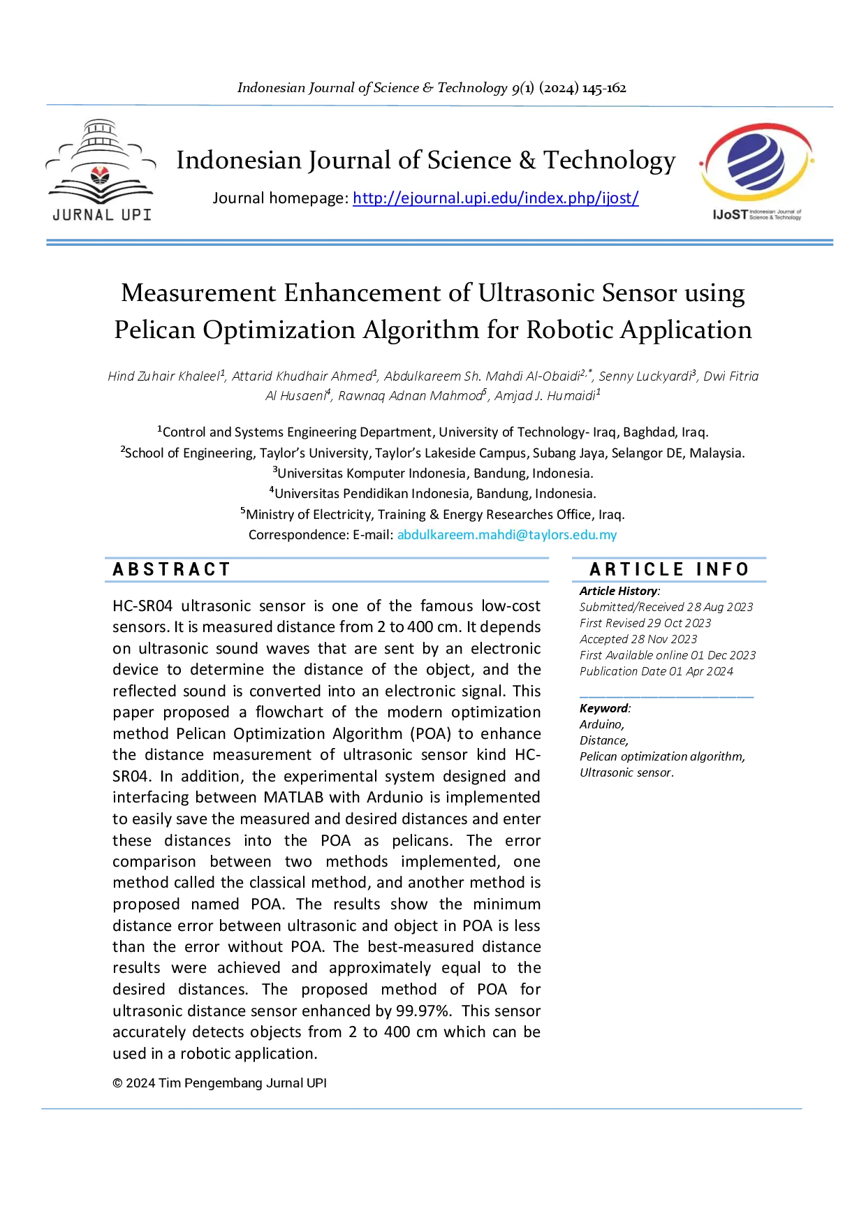 juris Measurement Enhancement of Ultrasonic Sensor using Pelican Optimization Algorithm for Robotic Application