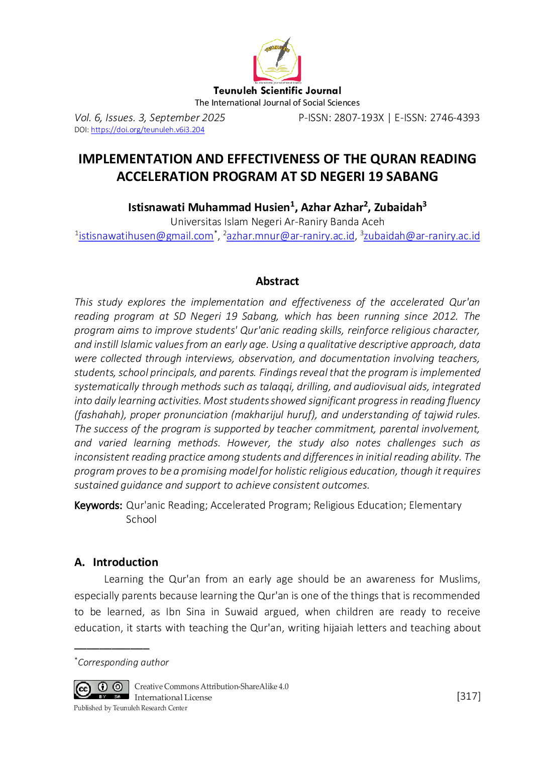 JURIS Implementation and Effectiveness of The Quran Reading Acceleration Program at SD Negeri 19 Sabang