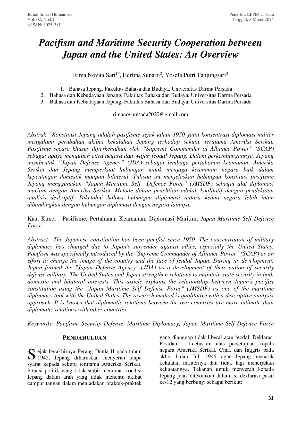 JURIS Pacifism and Maritime Security Cooperation between Japan and the United States An Overview