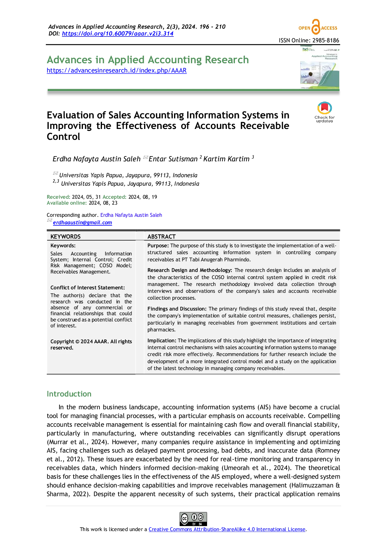 JURIS Evaluation of Sales Accounting Information Systems in Improving the Effectiveness of Accounts Receivable Control