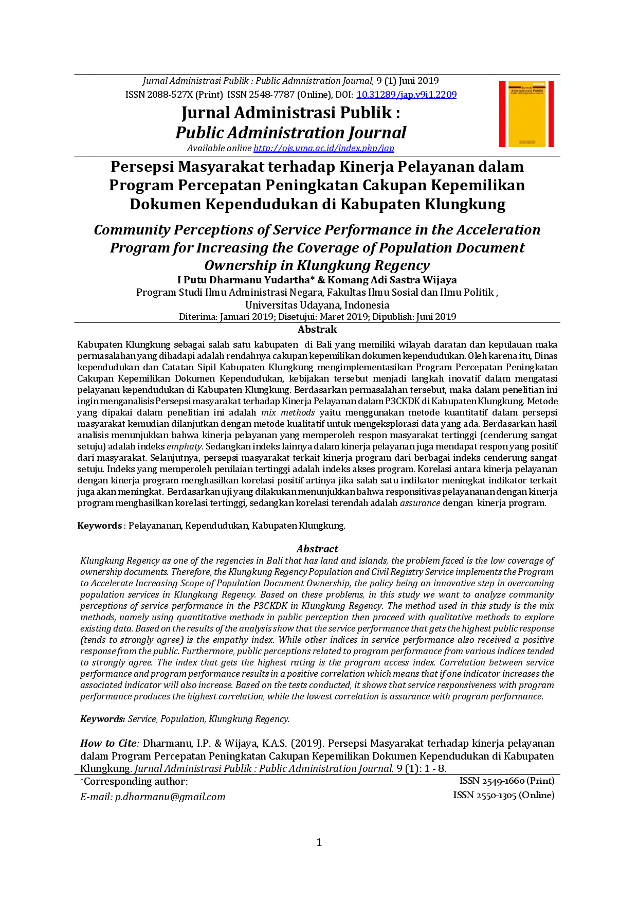 juris Persepsi Masyarakat terhadap Kinerja Pelayanan dalam Program Percepatan Peningkatan Cakupan Kepemilikan Dokumen Kependudukan di Kabupaten Klungkung