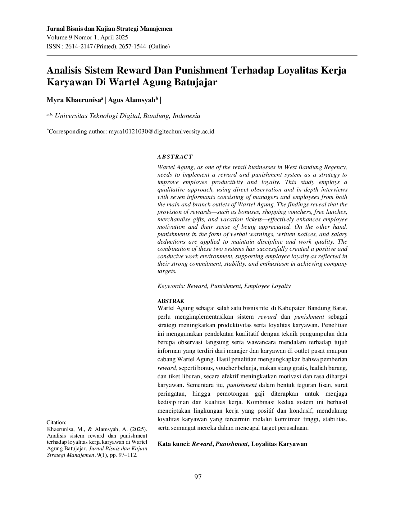 JURIS Analisis Sistem Reward dan Punishment Terhadap Loyalitas Kerja Karyawan Di Wartel Agung Batujajar