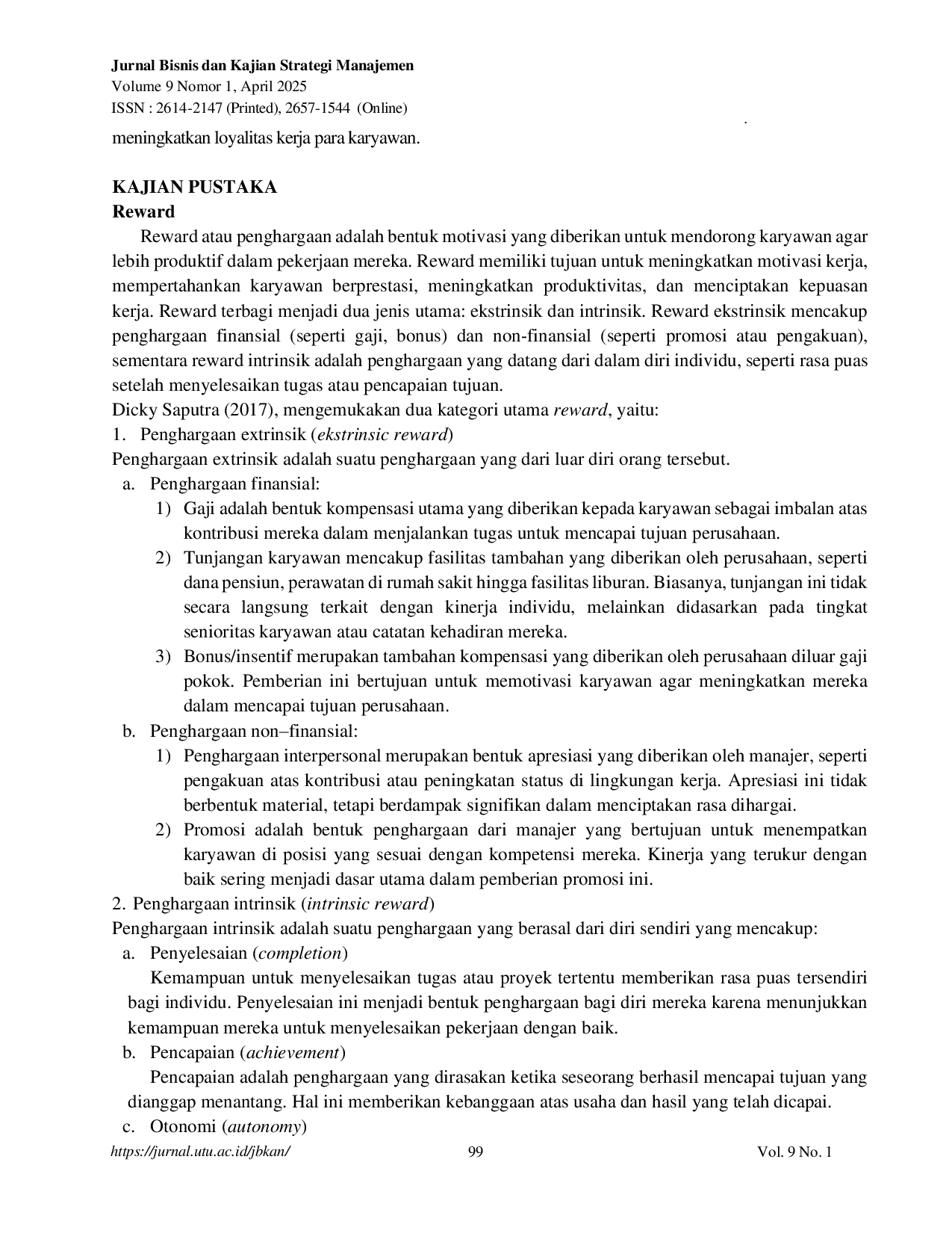 JURIS Analisis Sistem Reward dan Punishment Terhadap Loyalitas Kerja Karyawan Di Wartel Agung Batujajar