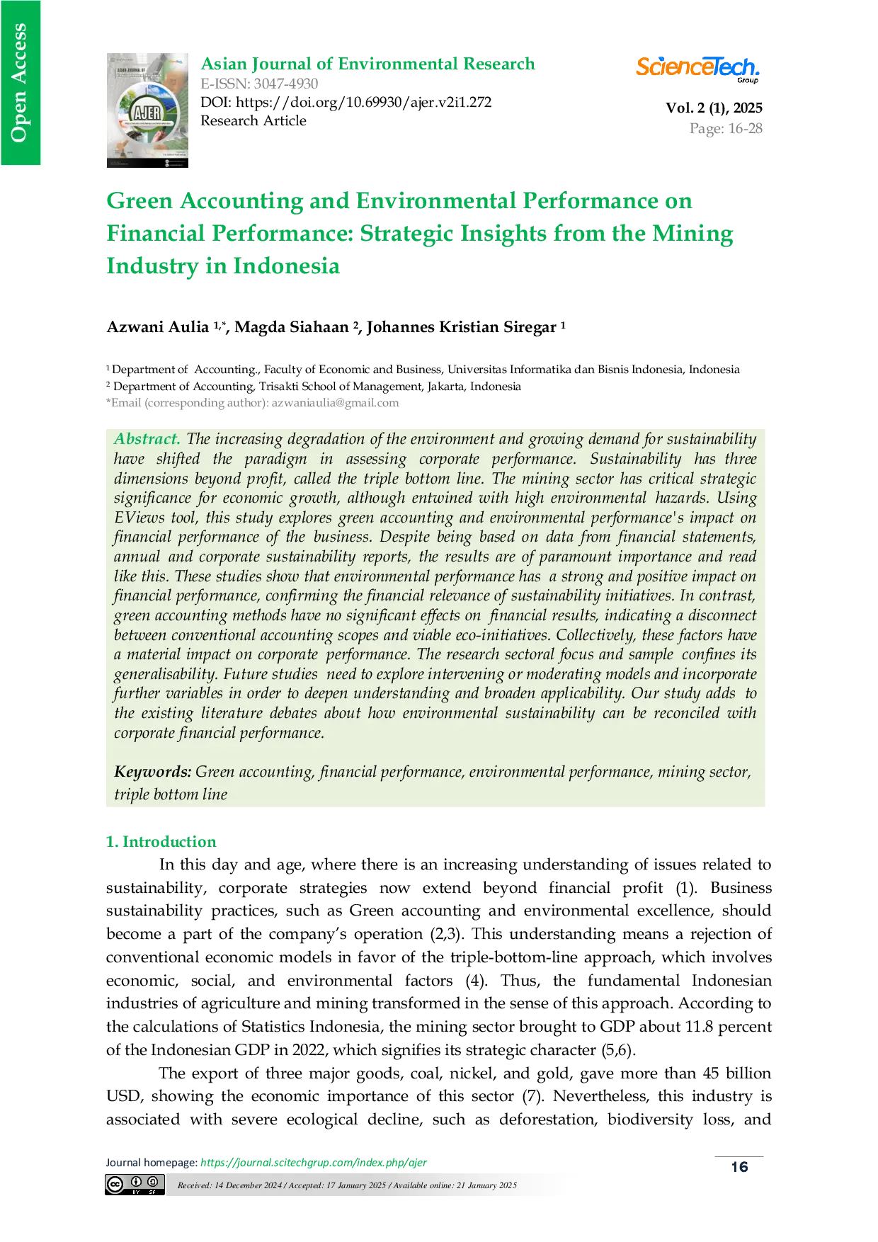 JURIS Green Accounting and Environmental Performance on Financial Performance Strategic Insights from the Mining Industry in Indonesia